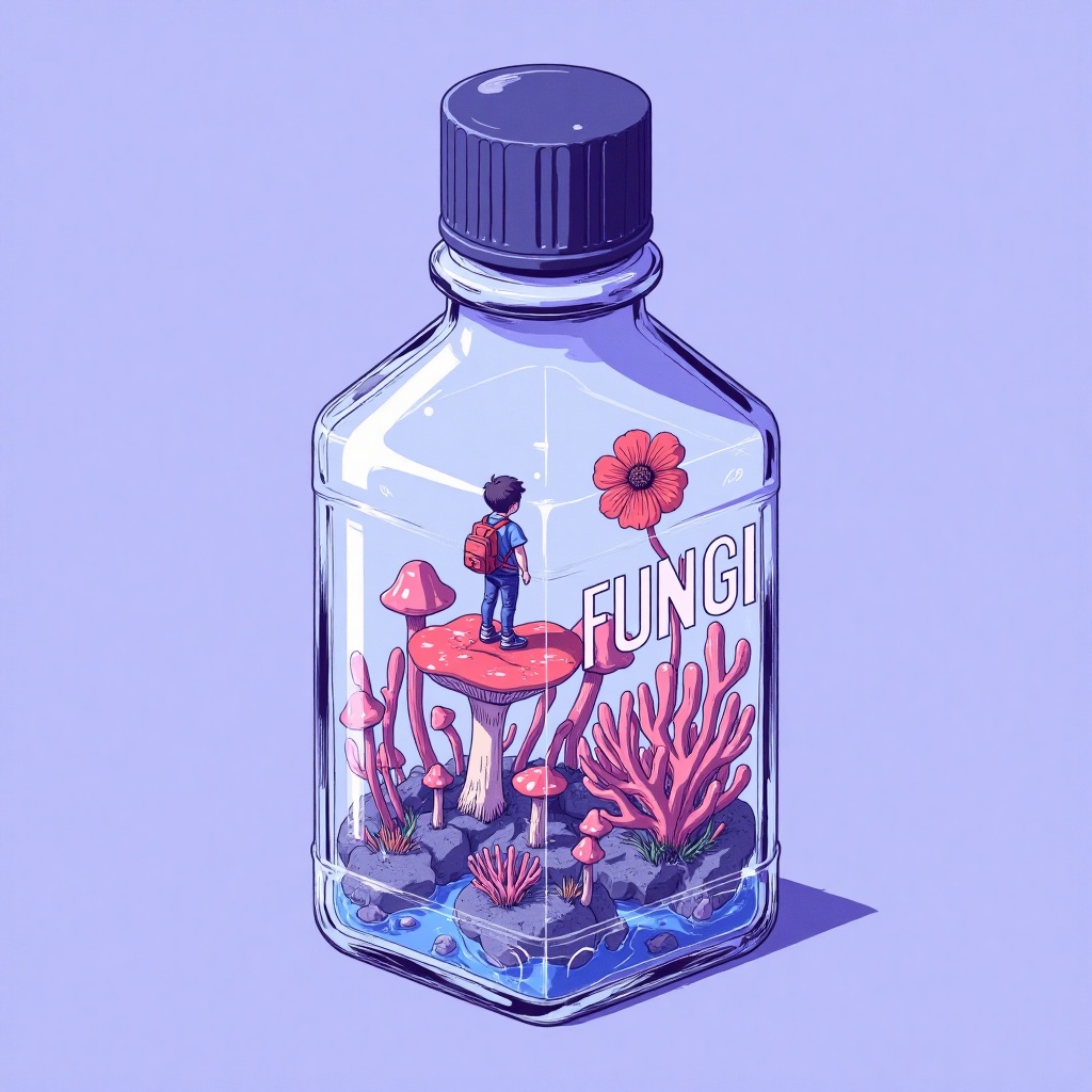 Inside the Bottle, this vector illustration depicts a whimsical scene inside a transparent glass bottle with a dark blue cap. The bottle contains a miniature fungus world, featuring a tiny person standing atop a red mushroom with a white stem, surrounded by smaller mushrooms and pink coral-like structures. The person, resembling a child, wears a blue shirt and carries a small backpack, gazing at a large red flower floating nearby. The background is a solid light purple color, and the text "FUNGI" is written in bold white letters on the left side of the bottle.