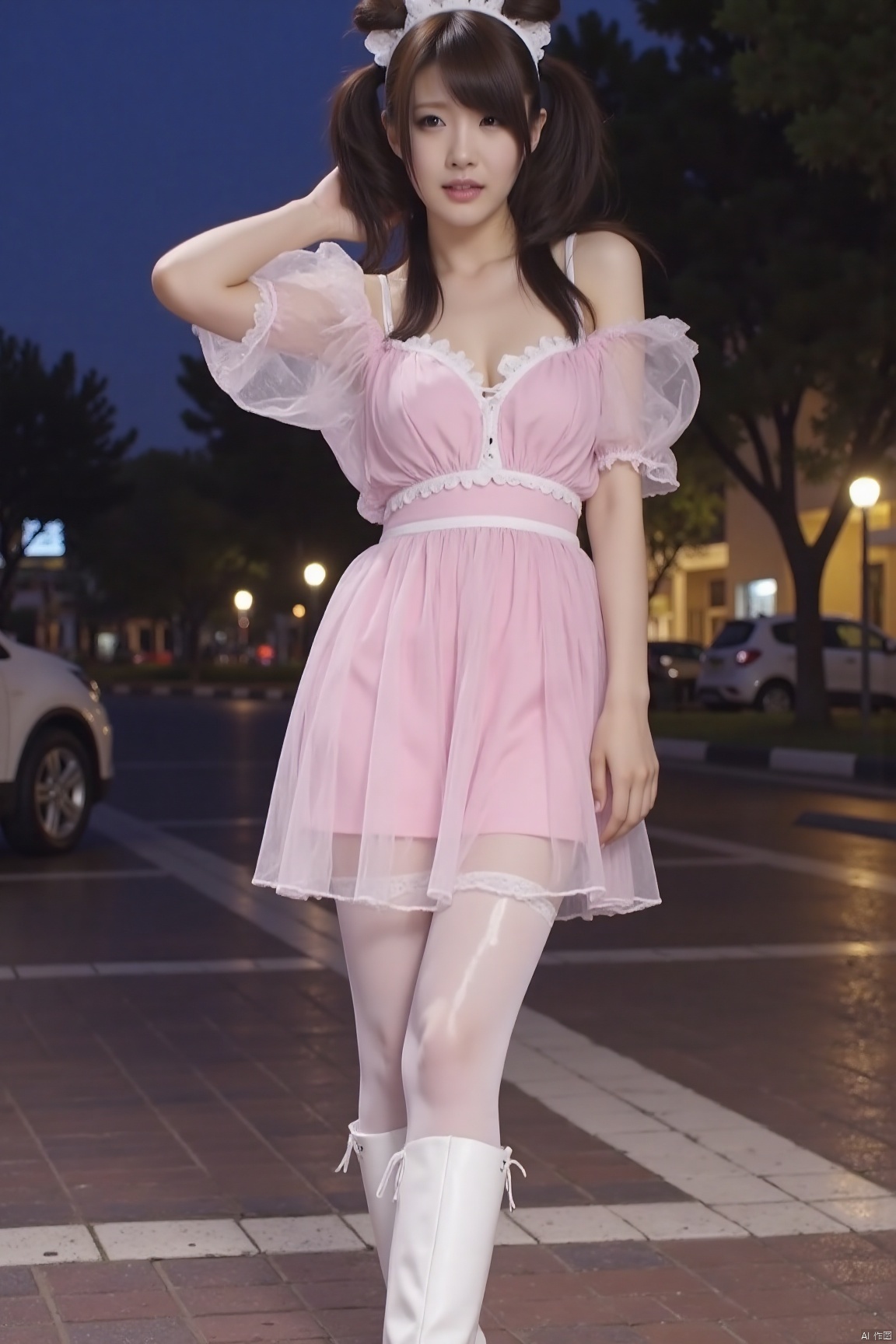 1girl,pretty,solo,glamor,asian,charming,pink dress,white pantyhose,glossy pantyhose,white kneeboots,standing,full body,model pose,outdoors, romantic realism, atmospheric, perfect background, visually stunning portrait bathed in BJ's Rainbow light, showcasing natural lighting that highlights every detail in high-quality realism,plsw,shiny pantyhose,silk stockings,pantyhose