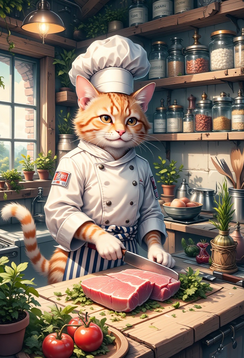 An anthropomorphic cat chef in a cozy, rustic kitchen, preparing a fresh tuna dish. The cat stands upright with a humanoid form, covered in sleek fur with feline features like pointed ears, whiskers, and a long, swishing tail. It wears a traditional white chef's jacket, a tall chef's hat, and a striped apron. The cat is skillfully slicing a large, fresh tuna on a wooden cutting board with a sharp chef's knife, focusing intently on its work. The kitchen is filled with vibrant ingredients, including herbs, spices, and vegetables neatly arranged around the countertop. The atmosphere is warm and inviting, with soft sunlight streaming in through a nearby window, casting a golden glow on the scene. The shelves are lined with jars and bottles, adding to the cozy, culinary ambiance, while the cat chef prepares the tuna with expertise and precision,Catropomorphism,Wtrz Bckgrnd,Anime,Illustration,white background,pastelz