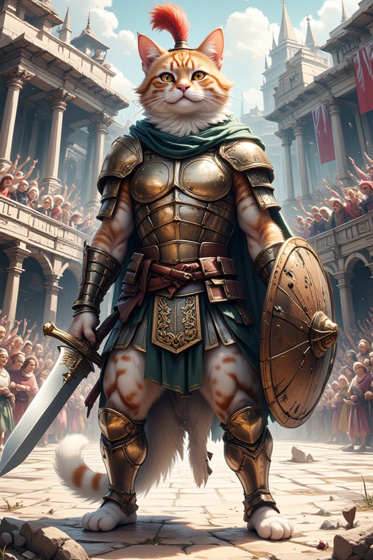 A powerful anthropomorphic cat gladiator standing proudly in an ancient Roman-style arena. The cat has a muscular, humanoid body covered in sleek, short fur with intricate patterns, while retaining feline features like sharp ears, a long tail, and piercing eyes. It wears traditional gladiator armor, including a bronze breastplate, leather straps, and a helmet with a plume, but the armor is tailored to fit its feline physique. In one hand, it holds a sharp, ornate gladius sword, and in the other, a round, battered shield with scratches and battle scars. The arena is filled with roaring crowds, with sunlight streaming down, casting dramatic shadows. The cat gladiator stands ready for combat, exuding confidence and strength, with an air of ancient, heroic bravery,Catropomorphism,Wtrz Bckgrnd,Anime,Illustration,white background,pastelz