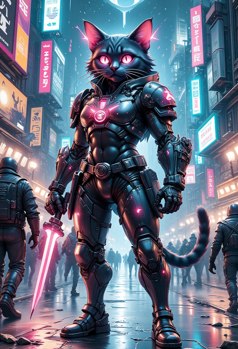 A cyberpunk-themed anthropomorphic cat gladiator standing confidently in a futuristic neon-lit arena. The cat has a sleek, muscular humanoid body with short, glossy fur and distinct feline features like sharp ears, glowing cybernetic eyes, and a swishing tail with mechanical enhancements. It wears high-tech, futuristic armor with neon accents, including a chest plate with holographic displays, armored gauntlets, and shoulder pads adorned with glowing circuit patterns. The cat wields a futuristic energy sword that crackles with electricity in one hand and a glowing, translucent energy shield in the other. The arena is surrounded by towering holographic billboards, flashing lights, and a cheering crowd of various cyberpunk characters. The atmosphere is intense, with a mix of rain, neon reflections on wet surfaces, and a gritty, high-tech urban vibe, creating a scene full of dynamic energy and futuristic combat,Catropomorphism,Wtrz Bckgrnd,Anime,Illustration,white background,pastelz