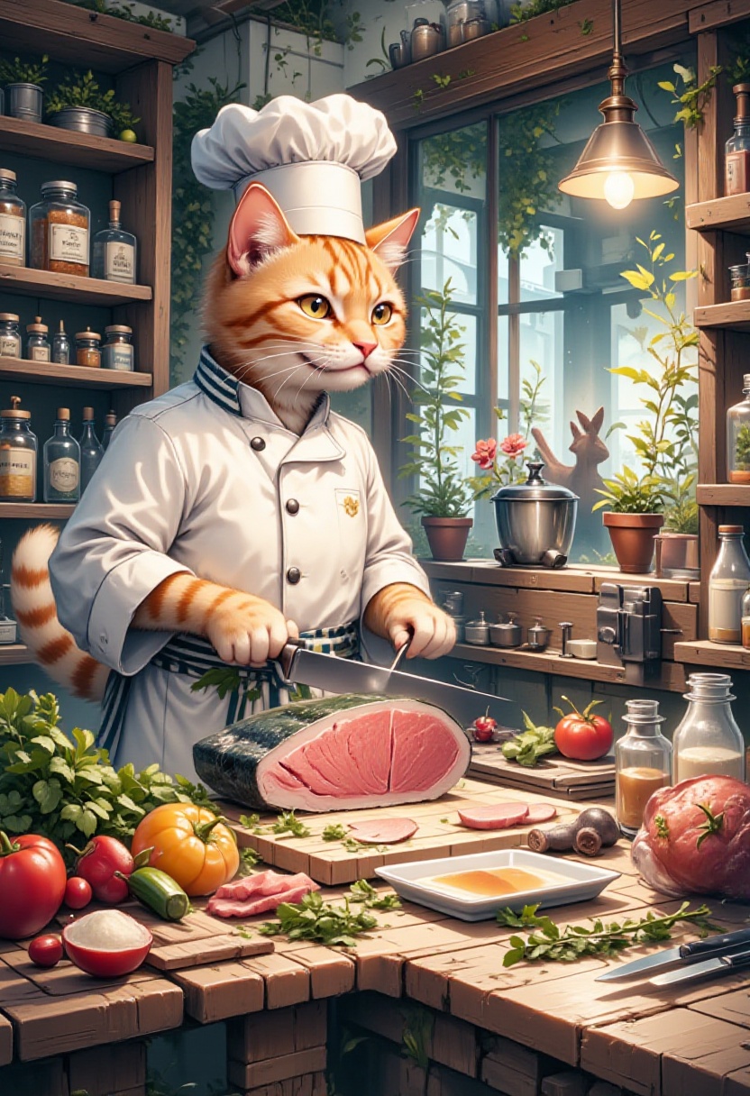 An anthropomorphic cat chef in a cozy, rustic kitchen, preparing a fresh tuna dish. The cat stands upright with a humanoid form, covered in sleek fur with feline features like pointed ears, whiskers, and a long, swishing tail. It wears a traditional white chef's jacket, a tall chef's hat, and a striped apron. The cat is skillfully slicing a large, fresh tuna on a wooden cutting board with a sharp chef's knife, focusing intently on its work. The kitchen is filled with vibrant ingredients, including herbs, spices, and vegetables neatly arranged around the countertop. The atmosphere is warm and inviting, with soft sunlight streaming in through a nearby window, casting a golden glow on the scene. The shelves are lined with jars and bottles, adding to the cozy, culinary ambiance, while the cat chef prepares the tuna with expertise and precision,Catropomorphism,Wtrz Bckgrnd,Anime,Illustration,white background,pastelz