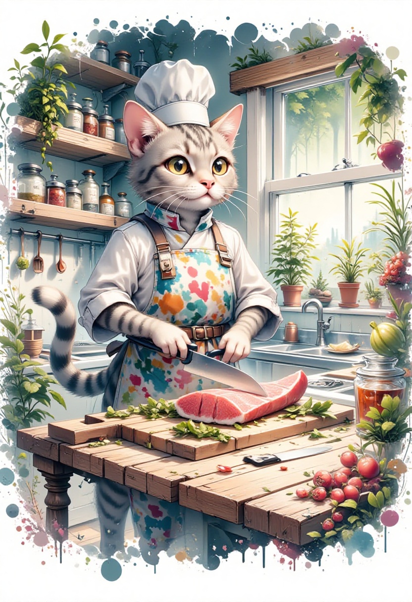 A whimsical watercolor painting of an anthropomorphic cat chef in a cozy kitchen, preparing a fresh tuna dish. The cat stands upright with a slender, humanoid form, covered in soft, textured fur in shades of gray and white, with expressive feline features like large, bright eyes, pointed ears, and a swishing tail. It wears a charming, loose-fitting white chef's jacket, a tall chef's hat, and a colorful apron splattered with artistic paint-like details. The cat chef is carefully slicing a fresh tuna on a rustic wooden cutting board, with delicate strokes capturing the motion and precision of its work. The kitchen is filled with vibrant, softly blended watercolor hues, featuring shelves lined with jars, herbs hanging from the ceiling, and fresh vegetables scattered around. Sunlight filters through a nearby window, casting a dreamy, golden wash over the scene, creating a warm and inviting atmosphere. The overall style is loose and painterly, with soft edges, subtle color gradients, and a cozy, storybook charm,Catropomorphism,Wtrz Bckgrnd,Anime,Illustration,white background,pastelz