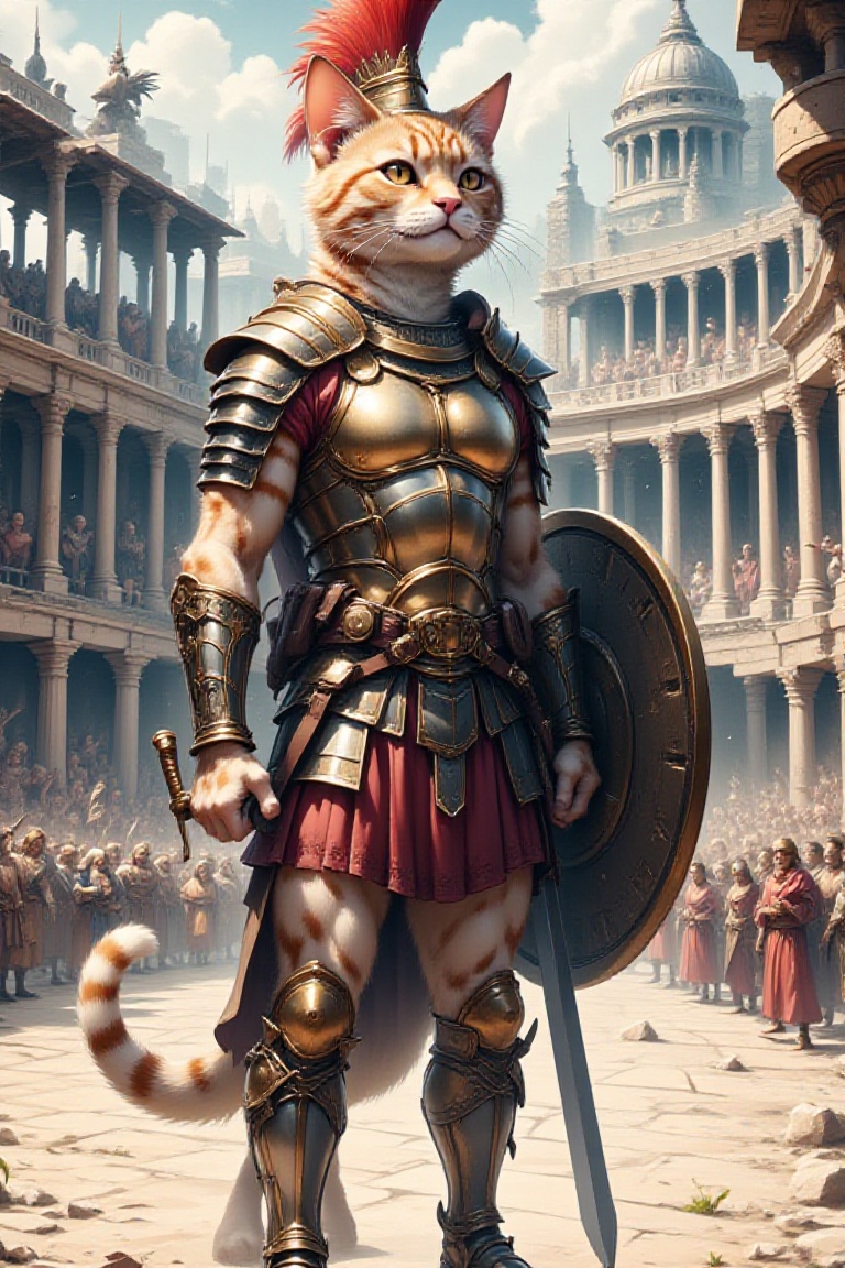 A powerful anthropomorphic cat gladiator standing proudly in an ancient Roman-style arena. The cat has a muscular, humanoid body covered in sleek, short fur with intricate patterns, while retaining feline features like sharp ears, a long tail, and piercing eyes. It wears traditional gladiator armor, including a bronze breastplate, leather straps, and a helmet with a plume, but the armor is tailored to fit its feline physique. In one hand, it holds a sharp, ornate gladius sword, and in the other, a round, battered shield with scratches and battle scars. The arena is filled with roaring crowds, with sunlight streaming down, casting dramatic shadows. The cat gladiator stands ready for combat, exuding confidence and strength, with an air of ancient, heroic bravery,Catropomorphism,Wtrz Bckgrnd,Anime,Illustration,white background,pastelz
