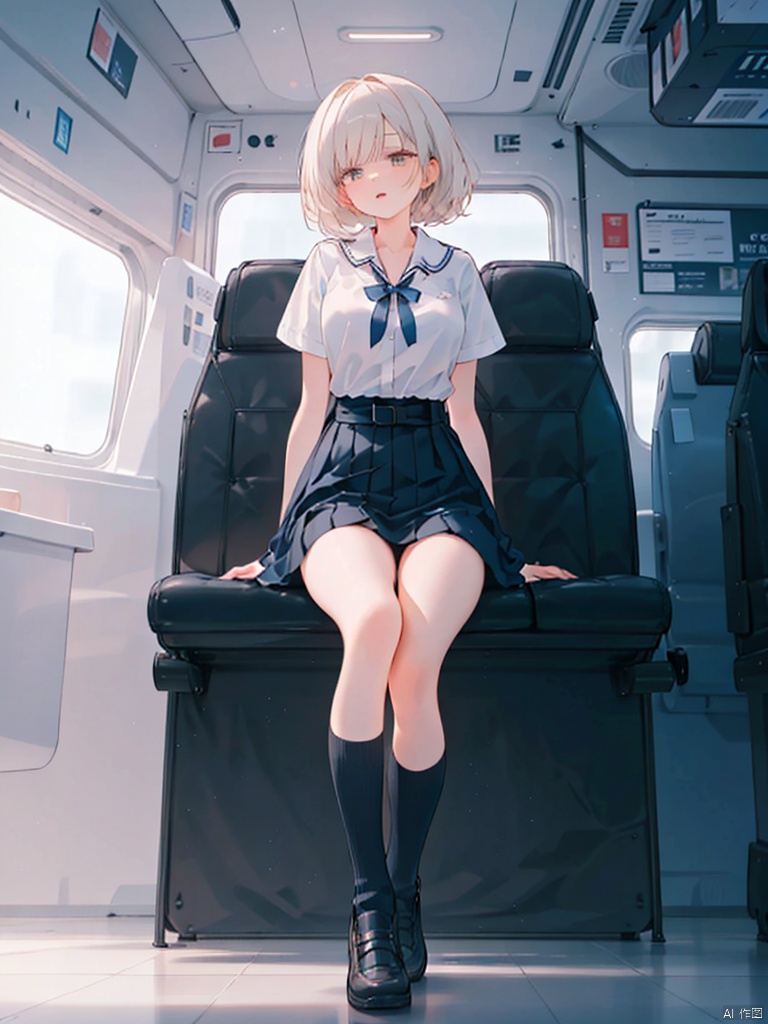 a woman is seated on an airplane seat. She is dressed in a short-sleeved white blouse, a black skirt, and black stockings. Her hair is styled in a sleek bob, and her lips are painted a bold red. The seat she is sitting on is a light beige, and the seat she's sitting on has a black belt tied around her waist, adding a pop of color to the scene. The floor beneath her is a grayish-blue carpet. To the right of her, another seat is visible, and a black container with a yellow label on it is visible.
