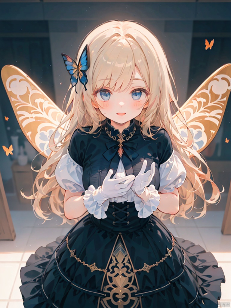 perspective composition,dynamic angle,((rough Alphonse Mucha oil painting style:1.1))Anime of 1 girl is fly in the air and smile and surrounded by a lot of surreal painting gold butterfly filigree,broken glass,brown long hair:1,wear gold butterfly filigree outfit coat fashion costume with ruffled layers),from above,dynamic pose,dynamic angle,golden splendid background),white gloves,
