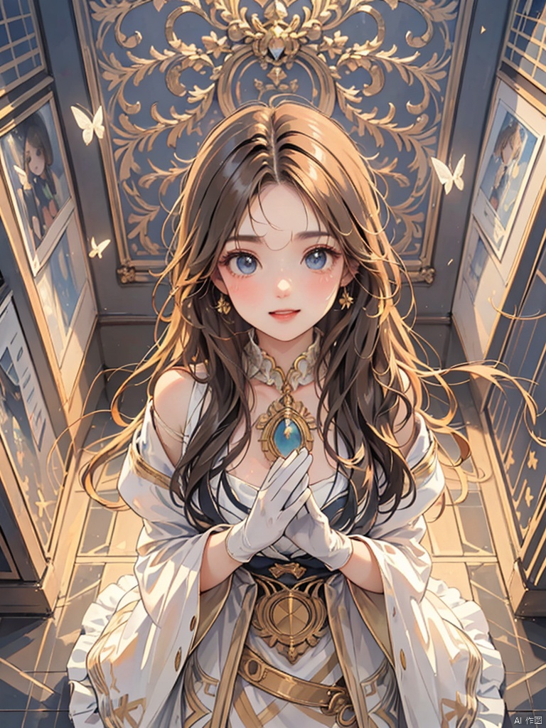 perspective composition,dynamic angle,((rough Alphonse Mucha oil painting style:1.1))Anime of 1 girl is fly in the air and smile and surrounded by a lot of surreal painting gold butterfly filigree,broken glass,brown long hair:1,wear gold butterfly filigree outfit coat fashion costume with ruffled layers),from above,dynamic pose,dynamic angle,golden splendid background),white gloves,
