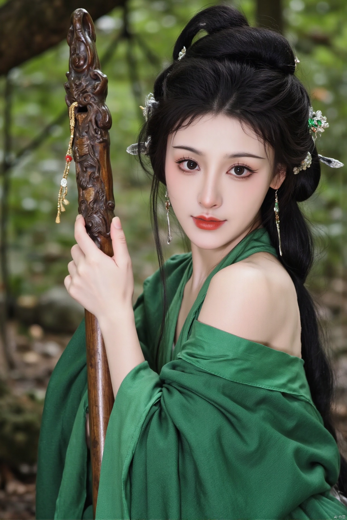 yxzzzziiaohihihihi,(person in green, holding staff, intricate carvings, long dark hair, hair tied up,waist, blurred background, natural setting,best quality,4k,8k,highres,masterpiece:1.2),ultra-detailed,(realistic,photorealistic,photo-realistic:1.37),detailed eyes,detailed lips,beautiful detailed face,long eyelashes,green robe,ornate staff,elaborate mask,forest setting,soft lighting,earthy tones,rich colors,bokeh,sharp focus,physically-based rendering,extreme detail description,professional,vivid colors,natural light,serene atmosphere,calm expression,graceful pose,ancient forest,fall foliage,autumn leaves,woodland scene,ethereal ambiance,foliage details,tree branches,shaded area,peaceful environment,harmonious composition,