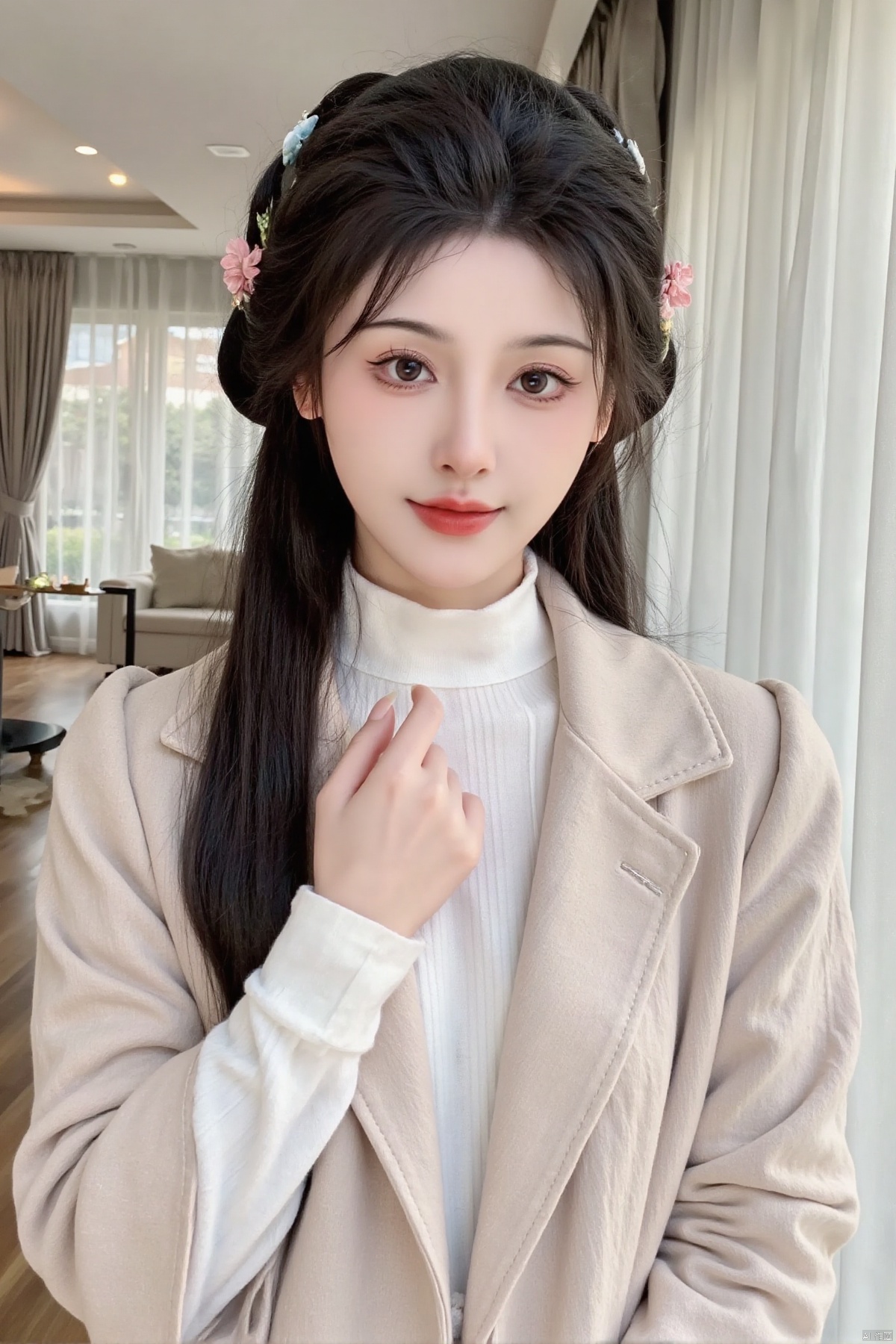 yxzzzziiaohihihihi,(best quality,4k,8k,highres,masterpiece:1.2),ultra-detailed,(realistic,photorealistic,photo-realistic:1.37),a girl in a light-colored coat,white turtleneck,long wavy hair,softly lit background,indoor setting,beautiful detailed eyes,beautiful detailed lips,extremely detailed eyes and face,long eyelashes,relaxed expression,smiling,standing pose,slightly tilted head,cozy atmosphere,soft lighting,gentle shadows,blush on cheeks,modern interior,wooden floor,large windows,soft curtains,neutral colors,serene mood,photography,soft pastel tones,even lighting,sharp focus,professional,vivid colors