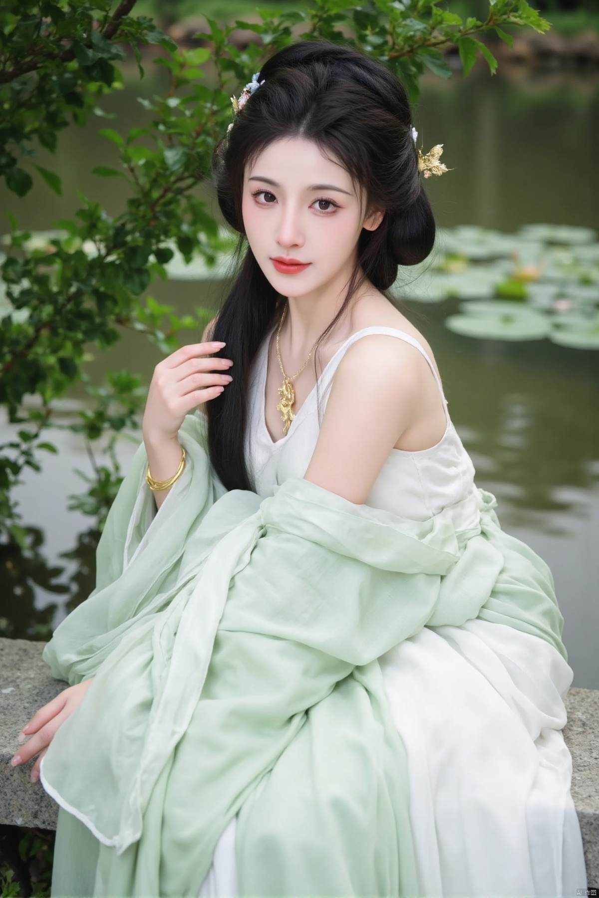 yxzzzziiaohihihihi,(woman by pond,green water,floating leaves,long dark hair,hair in braid,light-colored dress,gold necklace,gold bracelet,stone ledge,blurred foliage),(best quality,4k,8k,highres,masterpiece:1.2),ultra-detailed,(realistic,photorealistic,photo-realistic:1.37),beautiful detailed eyes,beautiful detailed lips,extremely detailed face,long eyelashes,serene expression,graceful pose,over-the-shoulder view,soft natural light,evening glow,warm tones,gentle ripples,water lilies,tranquil atmosphere,calm water surface,lush greenery,peaceful scene,romantic mood,ethereal vibe,dreamy ambiance,illustration,watercolor style