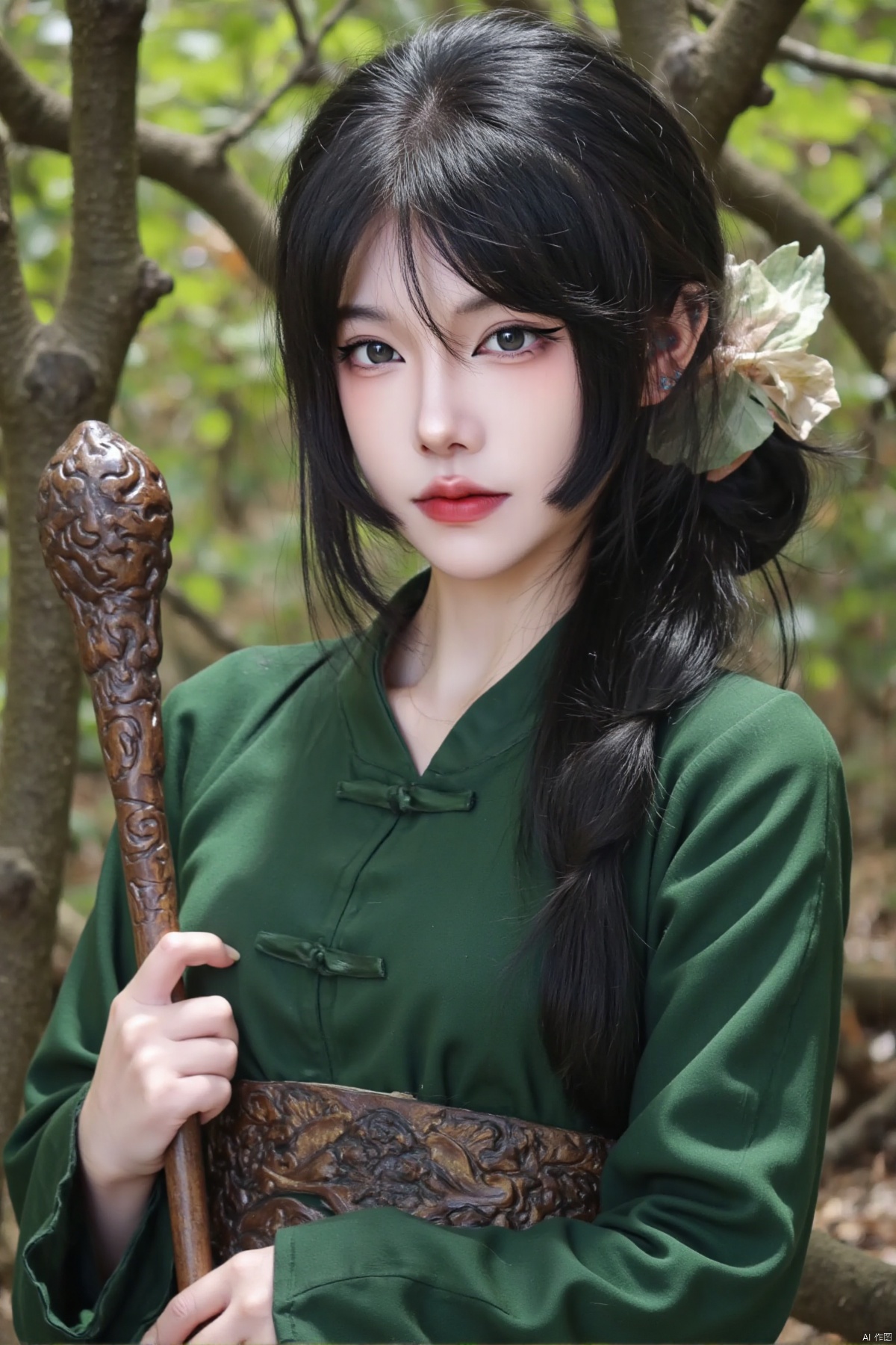 ndwyxieangoui,(person in green, holding staff, intricate carvings, long dark hair, hair tied up,waist, blurred background, natural setting,best quality,4k,8k,highres,masterpiece:1.2),ultra-detailed,(realistic,photorealistic,photo-realistic:1.37),detailed eyes,detailed lips,beautiful detailed face,long eyelashes,green robe,ornate staff,elaborate mask,forest setting,soft lighting,earthy tones,rich colors,bokeh,sharp focus,physically-based rendering,extreme detail description,professional,vivid colors,natural light,serene atmosphere,calm expression,graceful pose,ancient forest,fall foliage,autumn leaves,woodland scene,ethereal ambiance,foliage details,tree branches,shaded area,peaceful environment,harmonious composition