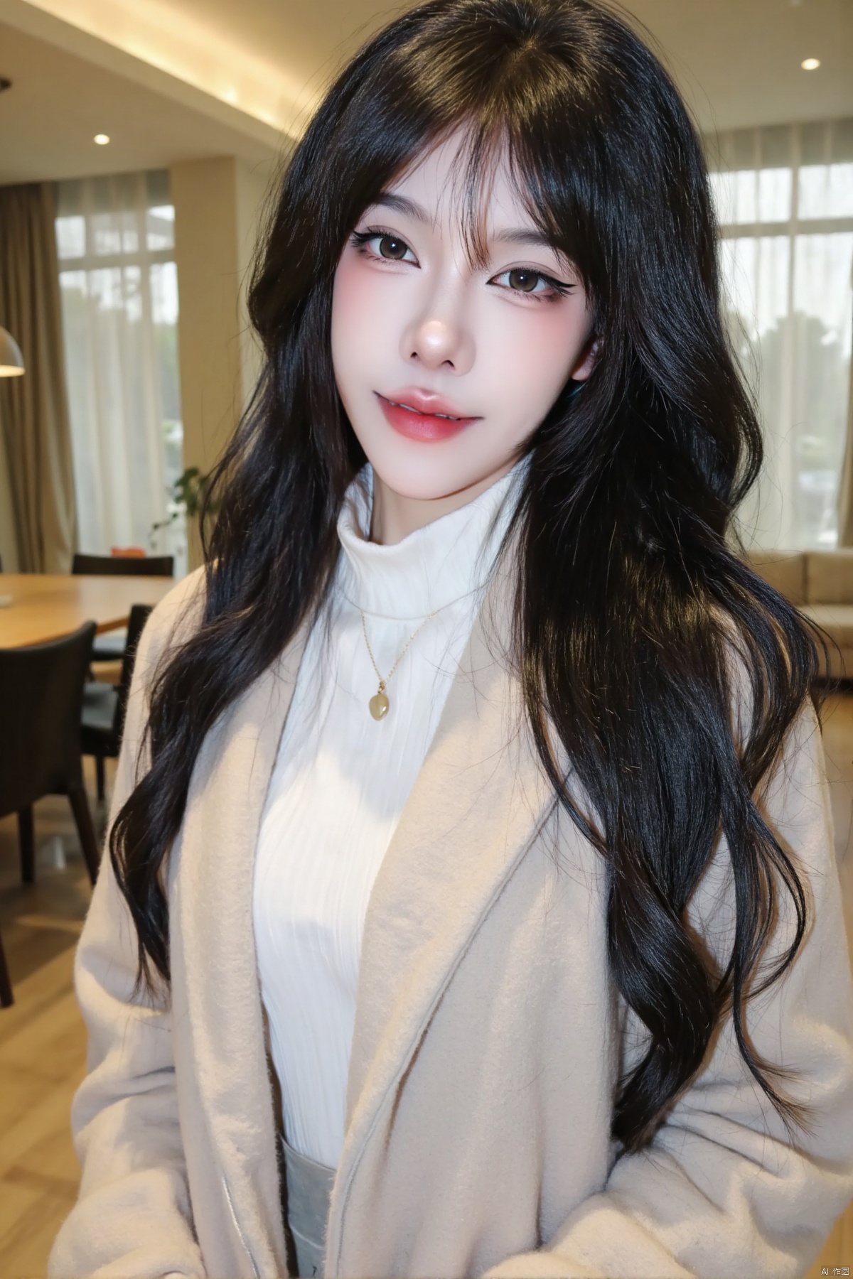 ndwyxieangoui,(best quality,4k,8k,highres,masterpiece:1.2),ultra-detailed,(realistic,photorealistic,photo-realistic:1.37),a girl in a light-colored coat,white turtleneck,long wavy hair,softly lit background,indoor setting,beautiful detailed eyes,beautiful detailed lips,extremely detailed eyes and face,long eyelashes,relaxed expression,smiling,standing pose,slightly tilted head,cozy atmosphere,soft lighting,gentle shadows,blush on cheeks,modern interior,wooden floor,large windows,soft curtains,neutral colors,serene mood,photography,soft pastel tones,even lighting,sharp focus,professional,vivid colors