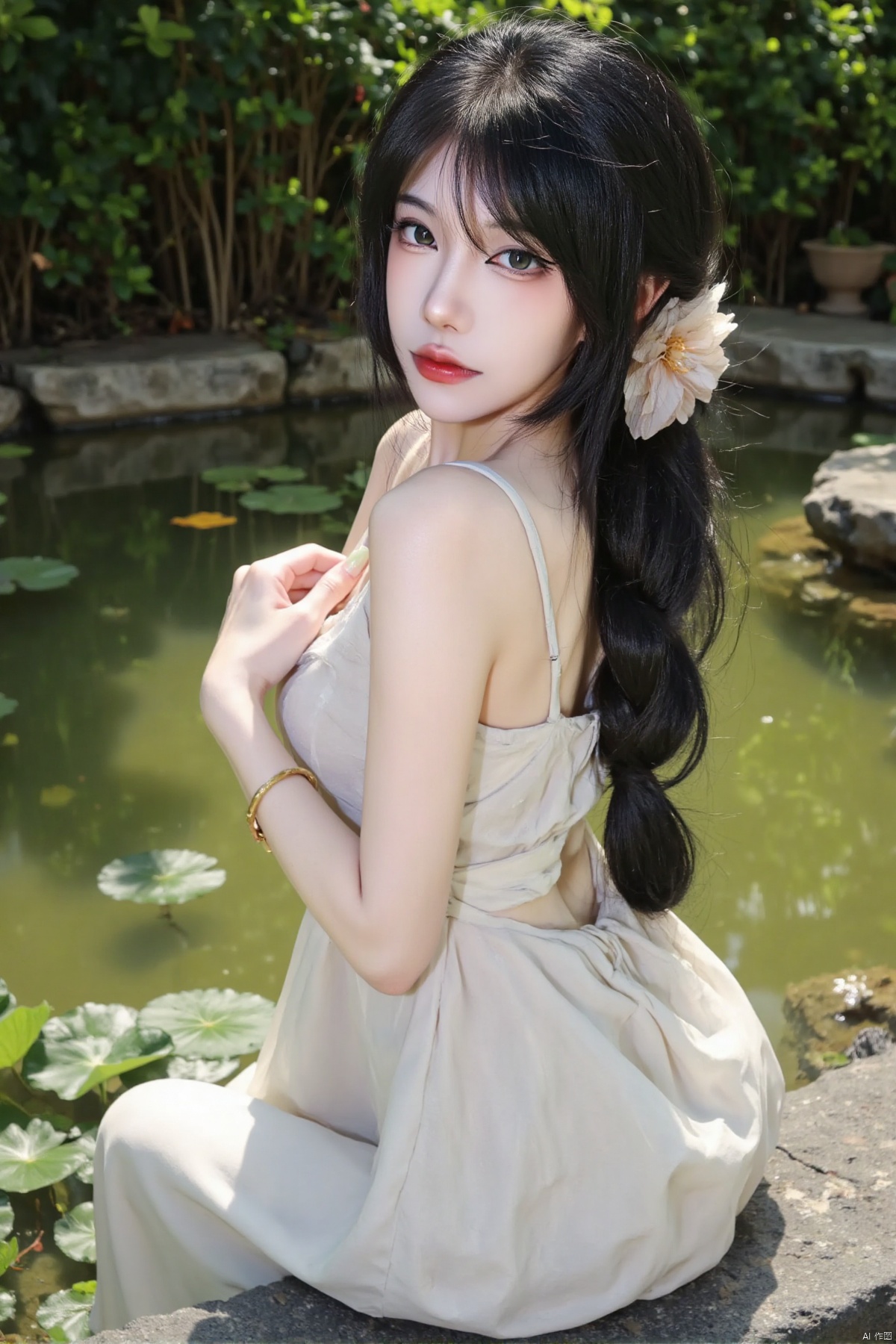 ndwyxieangoui,(woman by pond,green water,floating leaves,long dark hair,hair in braid,light-colored dress,gold necklace,gold bracelet,stone ledge,blurred foliage),(best quality,4k,8k,highres,masterpiece:1.2),ultra-detailed,(realistic,photorealistic,photo-realistic:1.37),beautiful detailed eyes,beautiful detailed lips,extremely detailed face,long eyelashes,serene expression,graceful pose,over-the-shoulder view,soft natural light,evening glow,warm tones,gentle ripples,water lilies,tranquil atmosphere,calm water surface,lush greenery,peaceful scene,romantic mood,ethereal vibe,dreamy ambiance,illustration,watercolor style