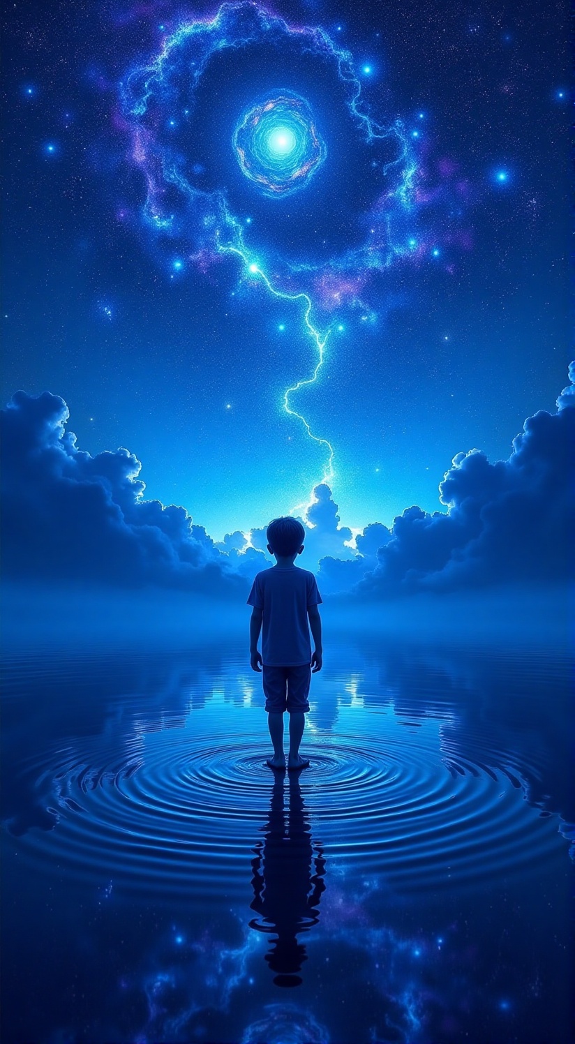 Facing a breathtaking blue horizon, the shadowy silhouette of a lonely boy stands above a vast reflective surface. Overhead is an enchanting night sky filled with swirling stars, cosmic patterns, and shining constellations. The figure is surrounded by circular ripples on the reflective ground. The atmosphere is serene and mysterious, illuminated by deep blue and violet light, blending elements of fantasy and cosmic wonder.