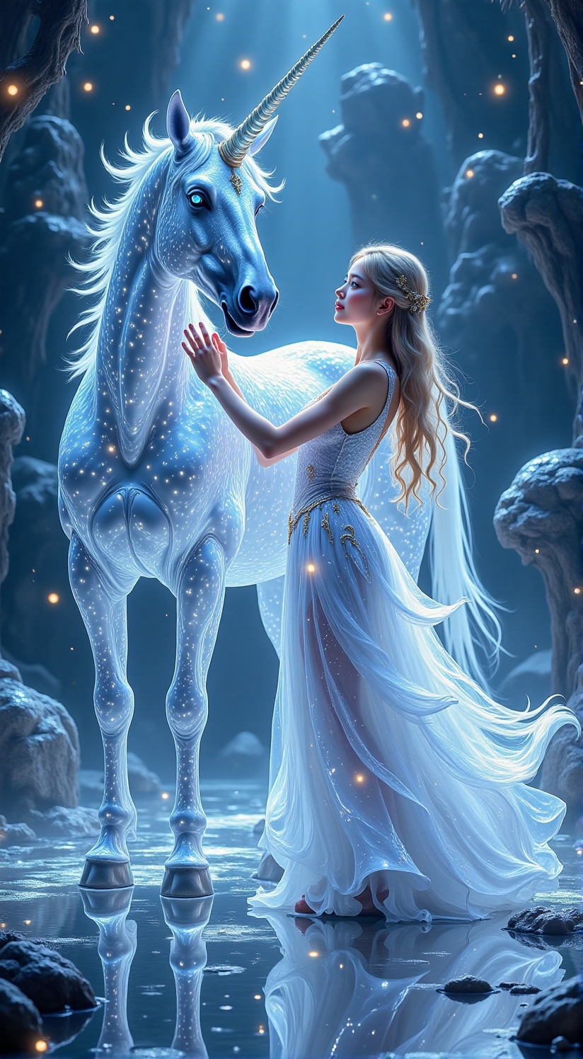 A fantasy-style, high-resolution, full-body shot of a beautiful woman with long blonde hair and blue eyes dancing beside a magnificent unicorn with a shimmering, spiraled horn. The woman wears a flowing, radiant dress that complements the unicorn’s ethereal glow. They stand on a bright, moonlit stage with shades of silver and blue, facing the camera, with high saturation and detailed textures. The scene is realistic and magical, captured in brilliant light.