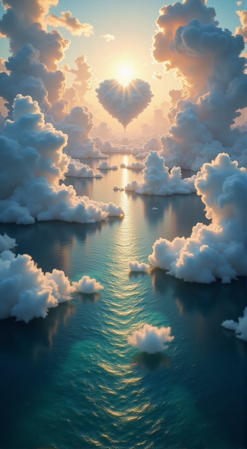 A vast ocean partially covered by huge, soft clouds, (a heart-shaped cloud in the center), 8K, a stunning aerial view of sunlight piercing the sky, the sun shining golden, the clouds seem to float between heaven and earth, the clear, shining ocean stretches out below the clouds, creating a beautiful contrast to the sky, the overall mood is peaceful yet awe-inspiring,