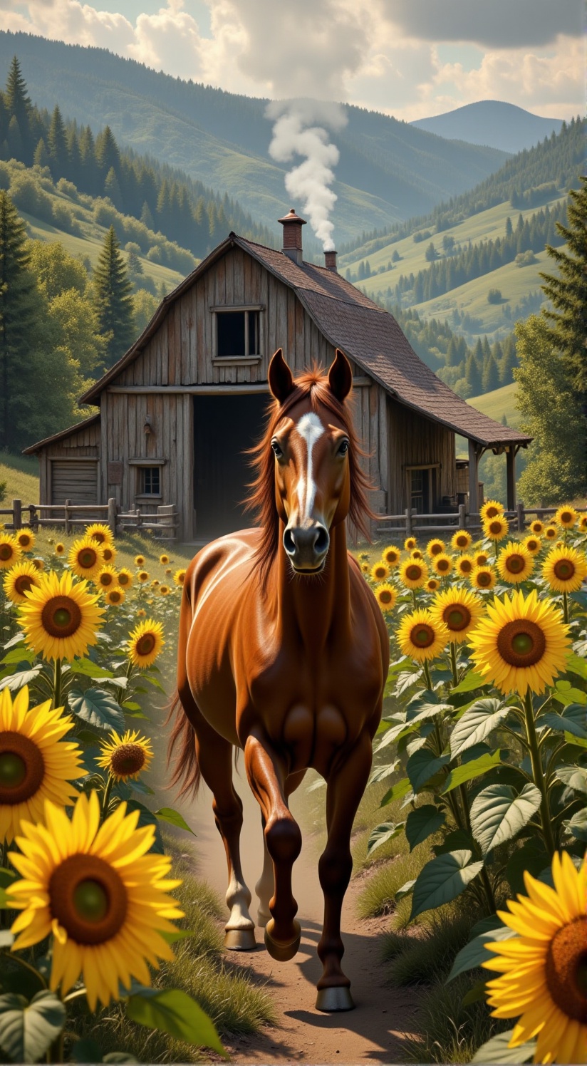 A brown horse galloping through sunflowers in front of an old barn on the farm, smoke coming out from under the roof, with green hills and forested valleys behind it. The scene is captured in a realistic style with a warm color palette.