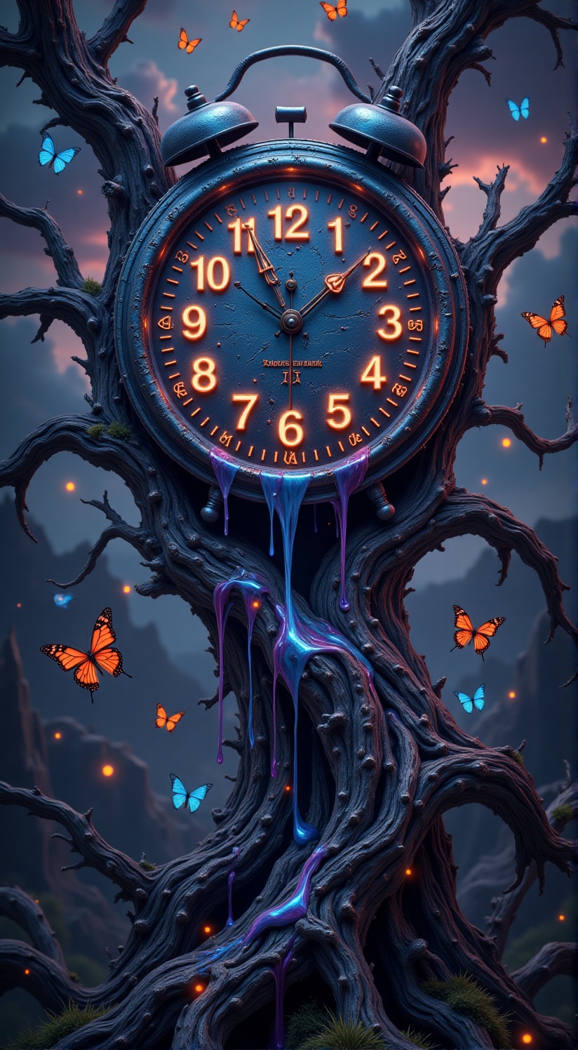 Surreal melting clock draped over a gnarled, barren tree branch, with the clock face distorted and numbers flowing like liquid. The background features a moody sky with swirling dark clouds and hints of twilight colors--deep purples, blues, and soft oranges. Vivid butterflies in various sizes and colors flutter around the clock, contrasting with the starkness of the scene. The scene is illuminated by dramatic lighting, casting long shadows and highlighting the texture of the tree bark and the fluidity of the melting clock. High detail, hyper-realistic style, capturing every intricate detail of the clock's surface and the delicate wings of the butterflies. 8K resolution, cinematic composition