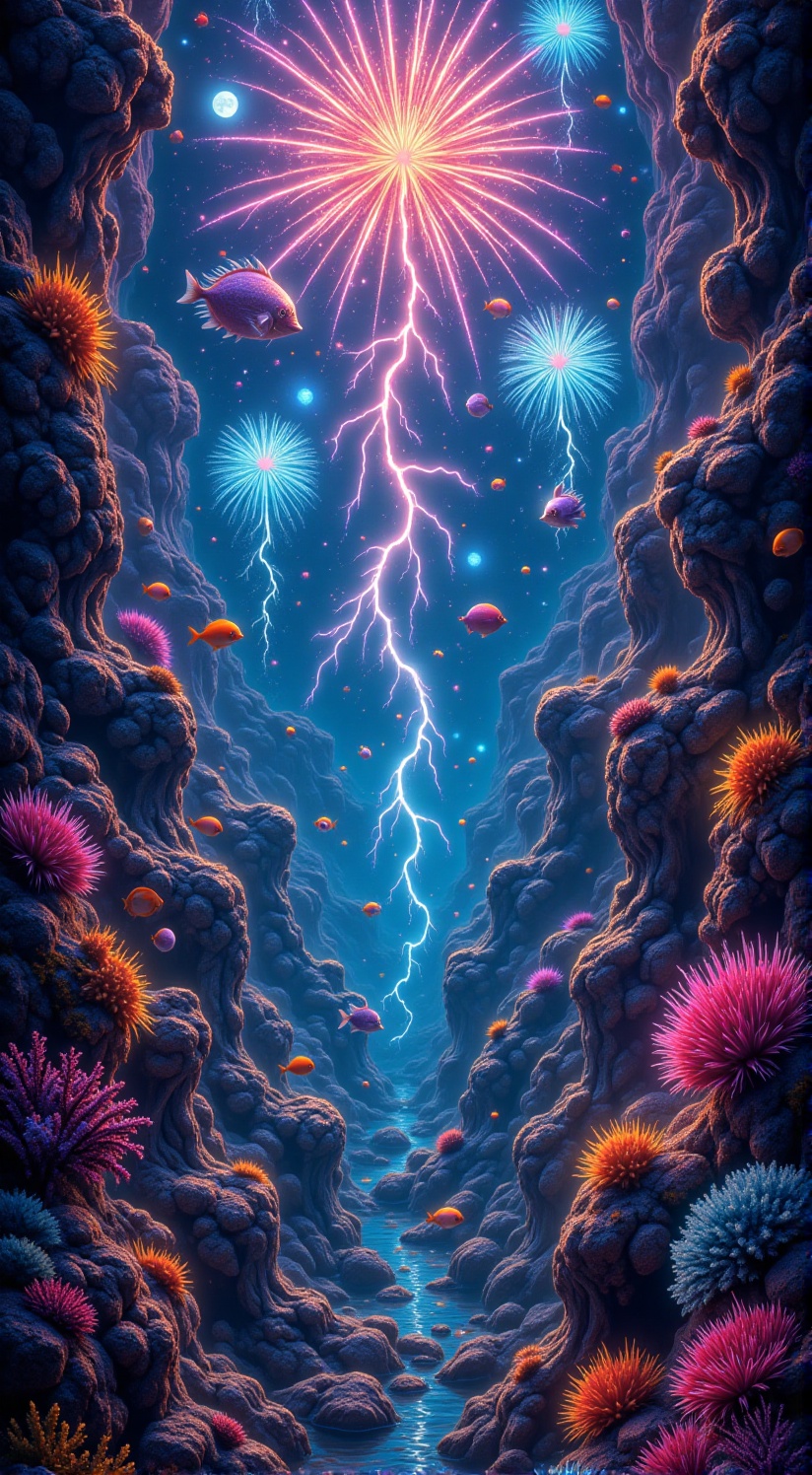 A surreal and dreamlike underwater scene, where the boundaries between the depths of the ocean and the night sky blur seamlessly. In the foreground, a vibrant coral reef teems with exotic marine life, their colors and movements adding a sense of otherworldly beauty. Above the reef, the waters transition into a celestial expanse, with shimmering fireworks bursting in a kaleidoscope of colors, their vibrant hues reflecting and refracting through the water. The fireworks take on ethereal forms, resembling otherworldly creatures or celestial phenomena, their tendrils and sparks dancing and swirling in the weightless environment. The entire scene is bathed in a warm, ethereal glow, with rays of moonlight filtering through the water, casting an enchanting ambiance. The contrast between the vivid marine life and the celestial fireworks creates a mesmerizing fusion of aquatic and celestial realms, inviting the viewer to lose themselves in this surreal and fantastical world.