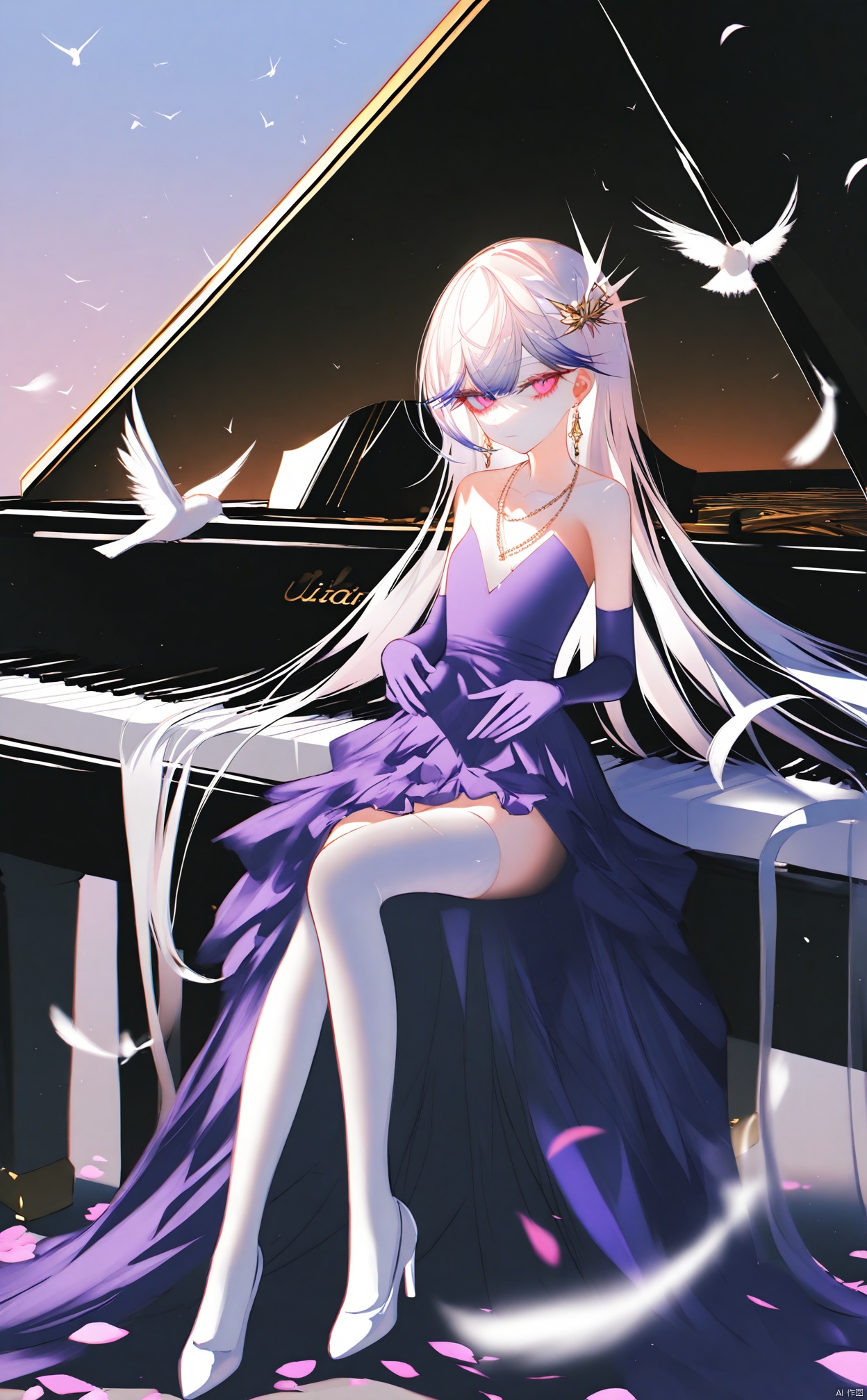dark theme,lens flare,highres,(((loli))),(petite:1.2),(cute:1.2),((masterpiece)),(((best quality))),((ultra-detailed)),((illustration)),Depth of field,(colorful),[Artist iumu],[Artist Sheya],[Artist chen bin],solo,1girl,pink eyes,white hair,flat_chest,bare_shoulder,very long hair,looking at viewer,sidelocks,hair spread out,(full_body),thighhighs,white thighhighs,hair ornament,strapless dress,closed_mouth,white shoes,sitting,(evening gown),jewelry,earrings,frills,elbow gloves,necklace,petals,strapless,frilled dress,elbow gloves,purple dress,dress music,playing instrument,grand piano,piano,instrument,feathers,dream,scenery,ruin,bird,grace,