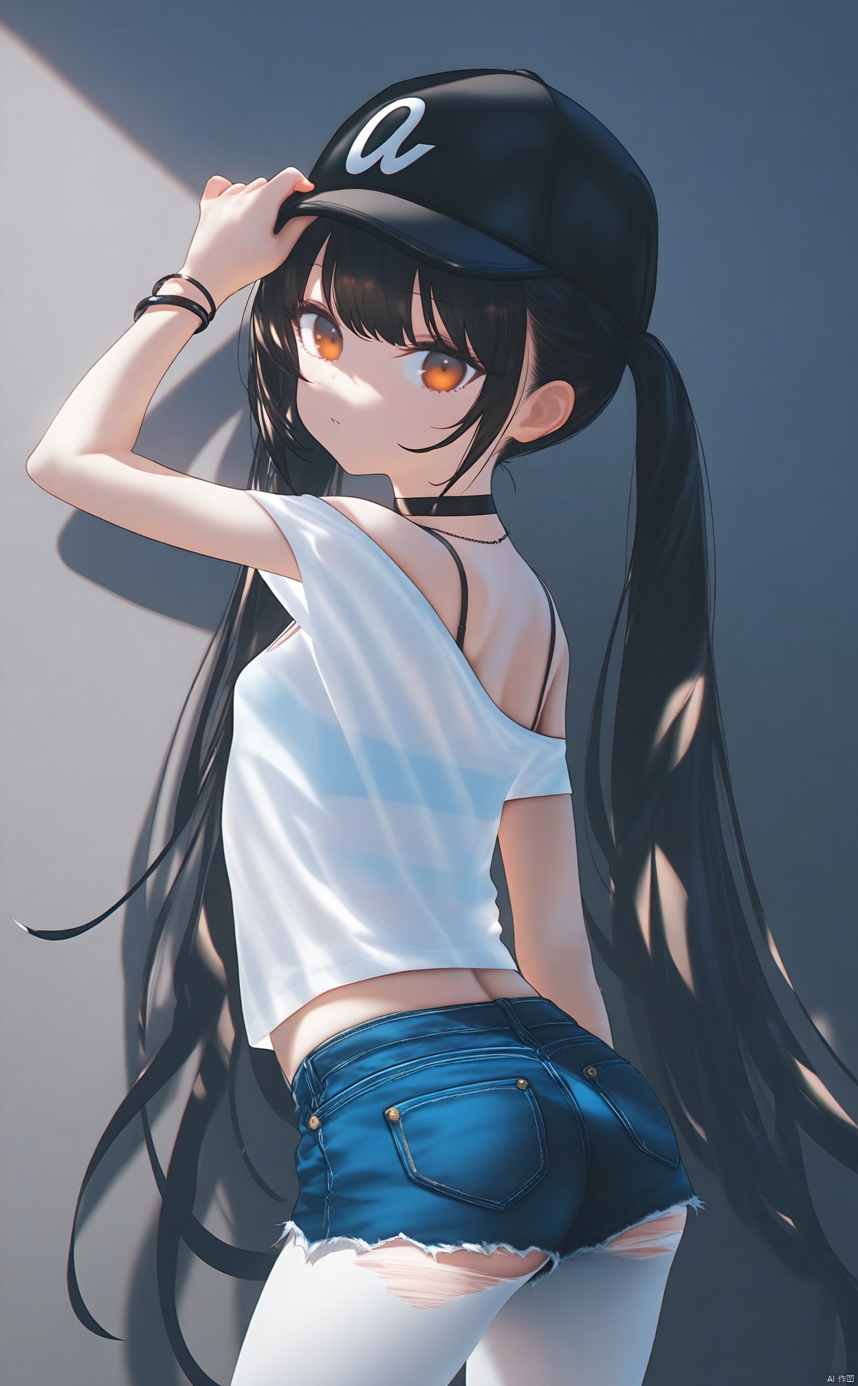 masterpiece,best quality,high quality,loli,1girl,denim_shorts,denim,shorts,white_pantyhose,pantyhose,solo,long_hair,hat,ass,black_hair,baseball_cap,jewelry,shirt,short_shorts,looking_at_viewer,bracelet,cutoffs,white_shirt,torn_clothes,off_shoulder,from_behind,looking_back,torn_shorts,blue_shorts,orange_eyes,torn_pantyhose,necklace,black_headwear,choker,arm_up,twintails,very_long_hair,off-shoulder_shirt,bare_shoulders,short_sleeves,standing,against_wall,pantyhose_under_shorts,bra_strap,hand_on_headwear,breasts,brown_eyes,underbutt,thighs,black_choker,midriff_peek,back,