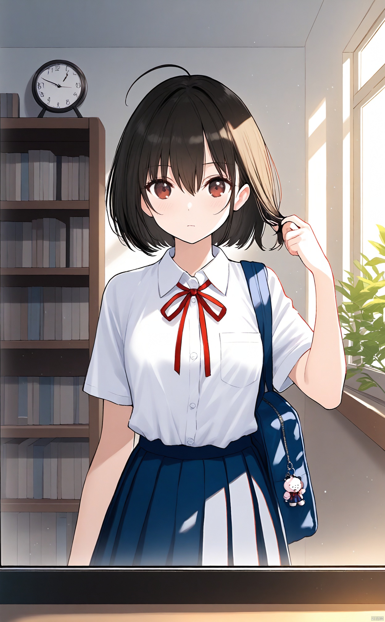 masterpiece,best quality,1girl,mirror,shirt,ribbon,solo,reflection,short hair,school uniform,red ribbon,white shirt,neck ribbon,female pov,school bag,bag,looking at mirror,skirt,black hair,pleated skirt,looking at viewer,collared shirt,indoors,ahoge,bookshelf,light particles,short sleeves,clock,book,blush,closed mouth,dress shirt,buttons,brown eyes,hand up,pocket,blue skirt,shirt tucked in,bob cut,blue bag,breast pocket,bag charm,sunlight,upper body,arm at side,pov,window,standing,breasts,expressionless,charm \(object\),straight-on,plant,black skirt,hair between eyes,light frown,light blush,cowboy shot,hair twirling,small breasts,analog clock,shoulder bag,playing with own hair,red eyes,
