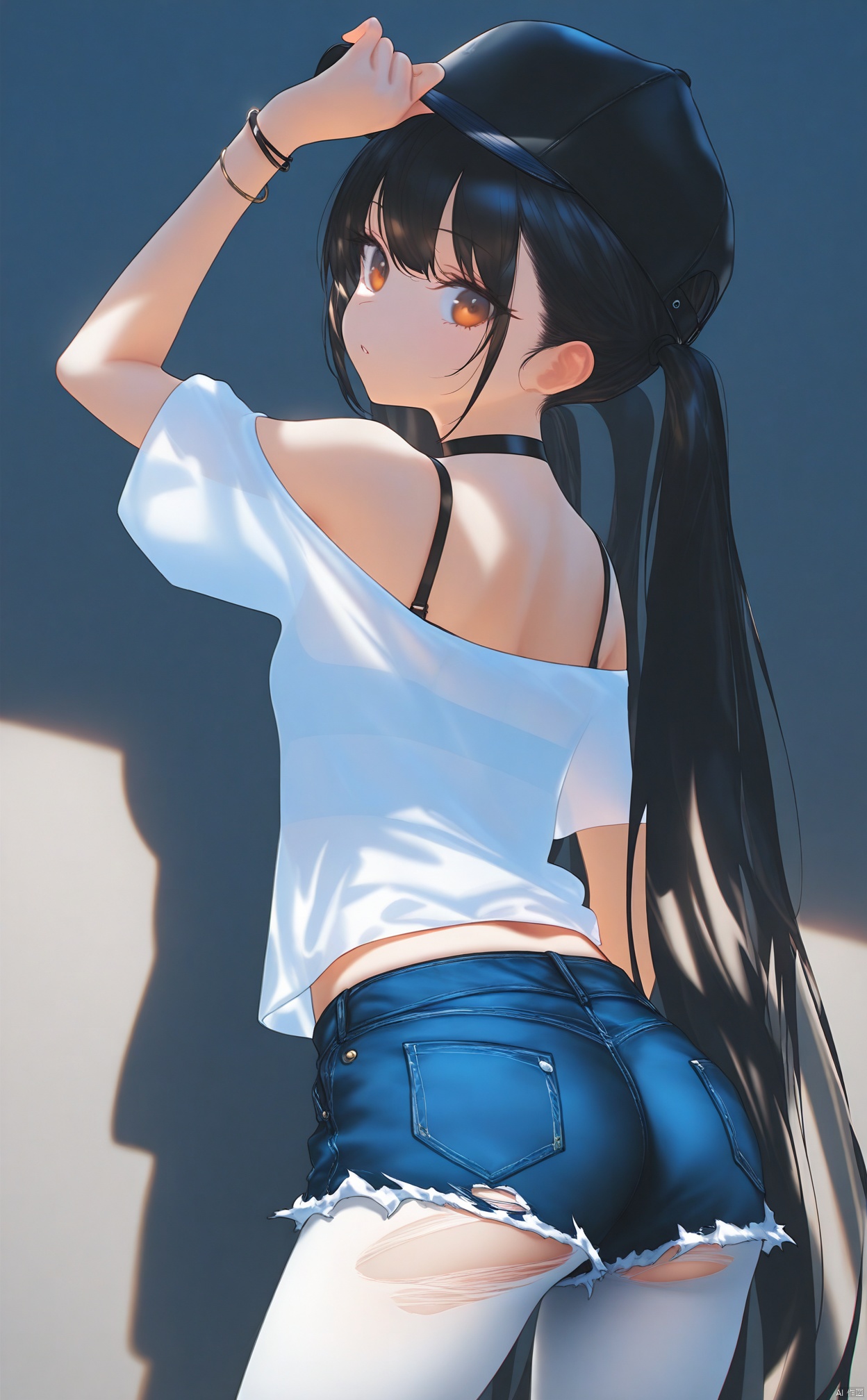 masterpiece,best quality,high quality,loli,1girl,denim_shorts,denim,shorts,white_pantyhose,pantyhose,solo,long_hair,hat,ass,black_hair,baseball_cap,jewelry,shirt,short_shorts,looking_at_viewer,bracelet,cutoffs,white_shirt,torn_clothes,off_shoulder,from_behind,looking_back,torn_shorts,blue_shorts,orange_eyes,torn_pantyhose,necklace,black_headwear,choker,arm_up,twintails,very_long_hair,off-shoulder_shirt,bare_shoulders,short_sleeves,standing,against_wall,pantyhose_under_shorts,bra_strap,hand_on_headwear,breasts,brown_eyes,underbutt,thighs,black_choker,midriff_peek,back,