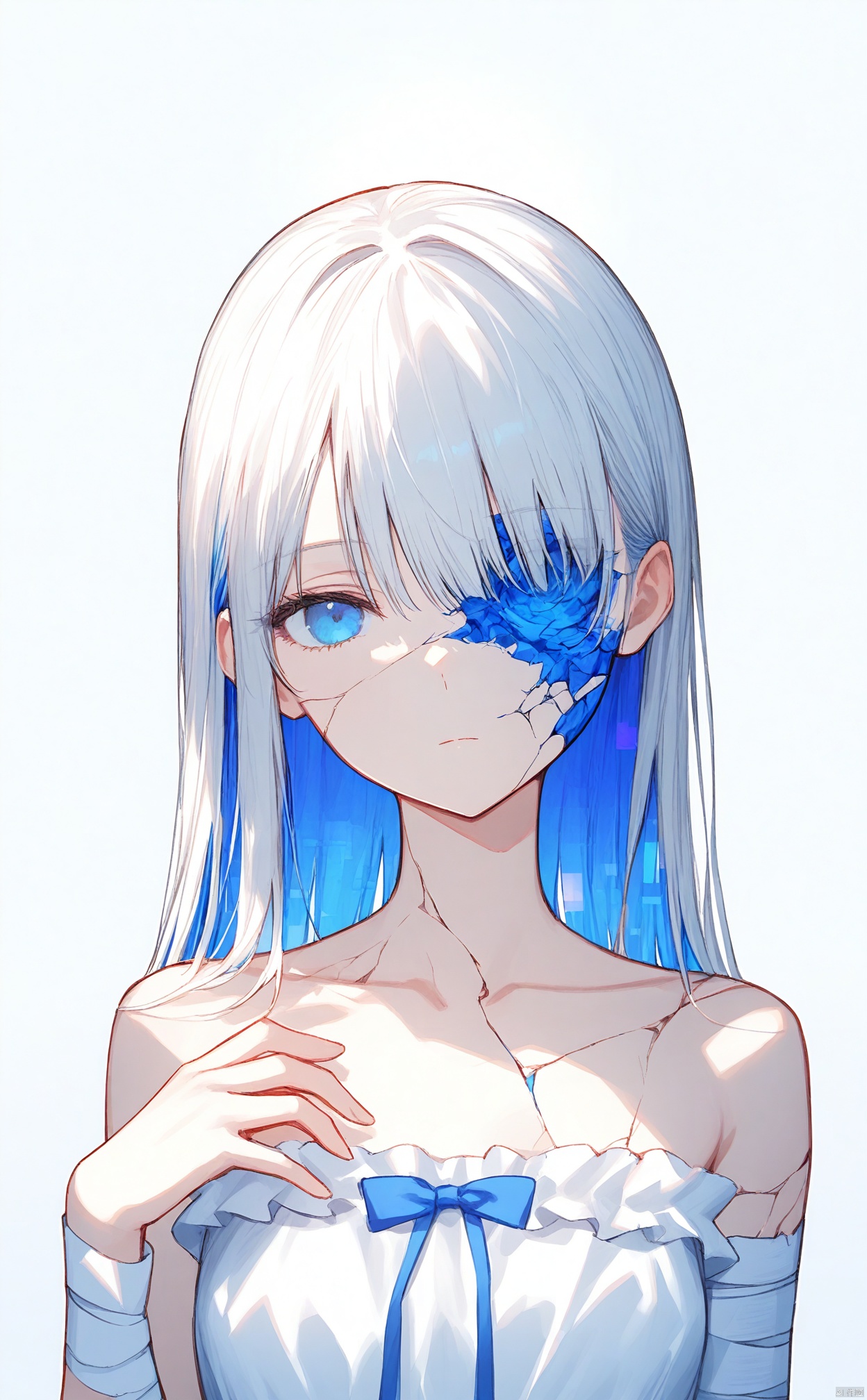 masterpiece,best quality,high quality,(colorful),1girl,solo,bandages,bandaged arm,long hair,glitch,blue eyes,looking at viewer,dress,colored inner hair,collarbone,closed mouth,white hair,blue theme,frilled dress,cracked skin,white background,bow,frills,upper body,white dress,head tilt,hand up,multicolored hair,blue hair,expressionless,crack,simple background,one eye covered,bare shoulders,blue bow,straight hair,hair behind ear,straight-on,strapless dress,