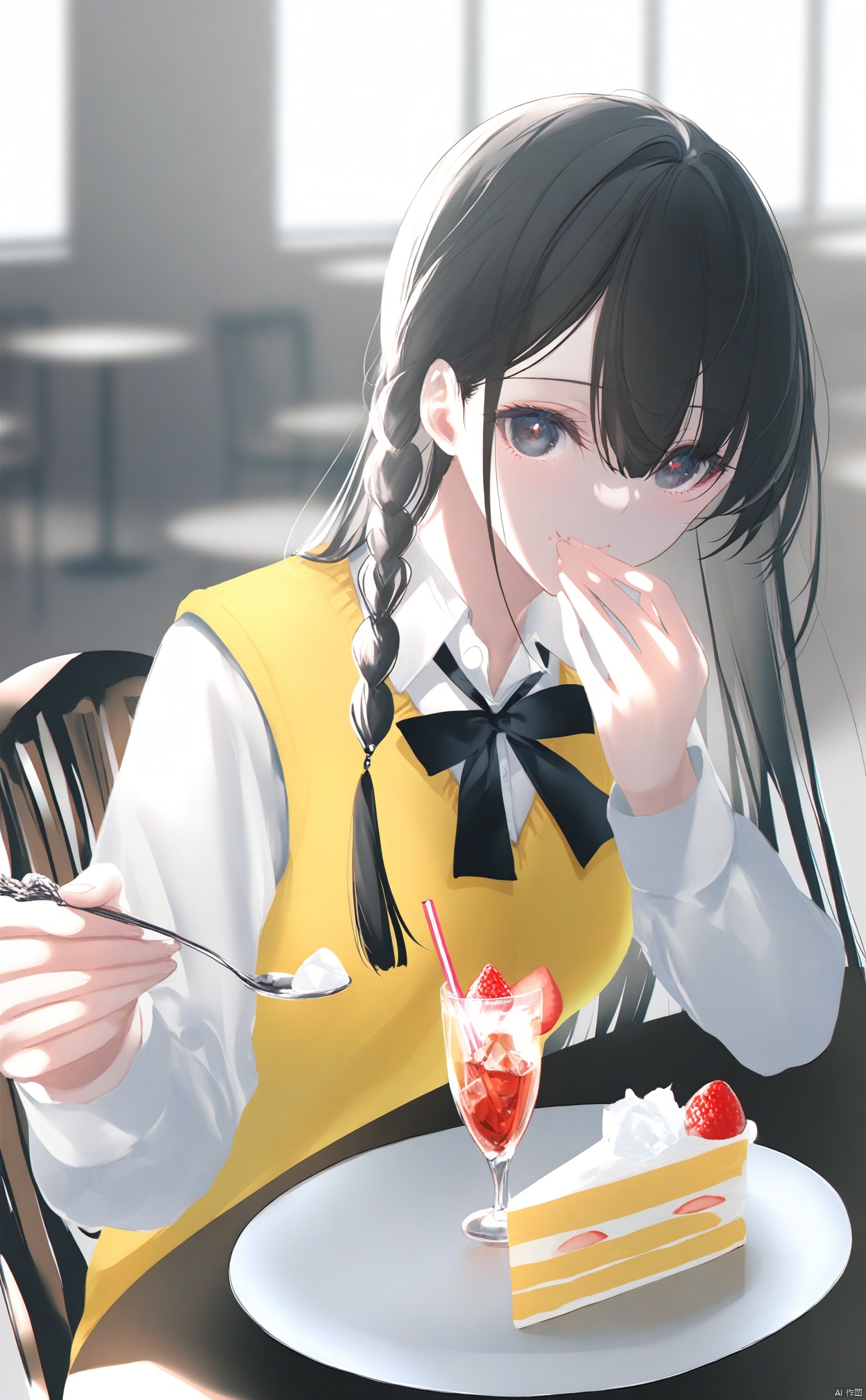 masterpiece,best quality,high quality,(colorful),[Artist miwano rag],[Artist toosaka asagi],[Artist wlop],[Artist chen bin],Artist omone hokoma agm,1girl, solo, shirt, white shirt, black hair, looking at viewer, food, neck ribbon, ribbon, cake, cake slice, holding, sitting, black ribbon, black eyes, blurry background, collared shirt, cup, braid, plate, long hair, long sleeves, covering own mouth, spoon, ice cube, blurry, chair, drink, school uniform, table, drinking straw, on chair, drinking glass, upper body, holding spoon, blush, sweater vest, smile, hand to own mouth, eating, fork, vest, ice, closed mouth, indoors, holding fork, hand over own mouth, yellow vest, strawberry shortcake, dress shirt, fruit, hair between eyes