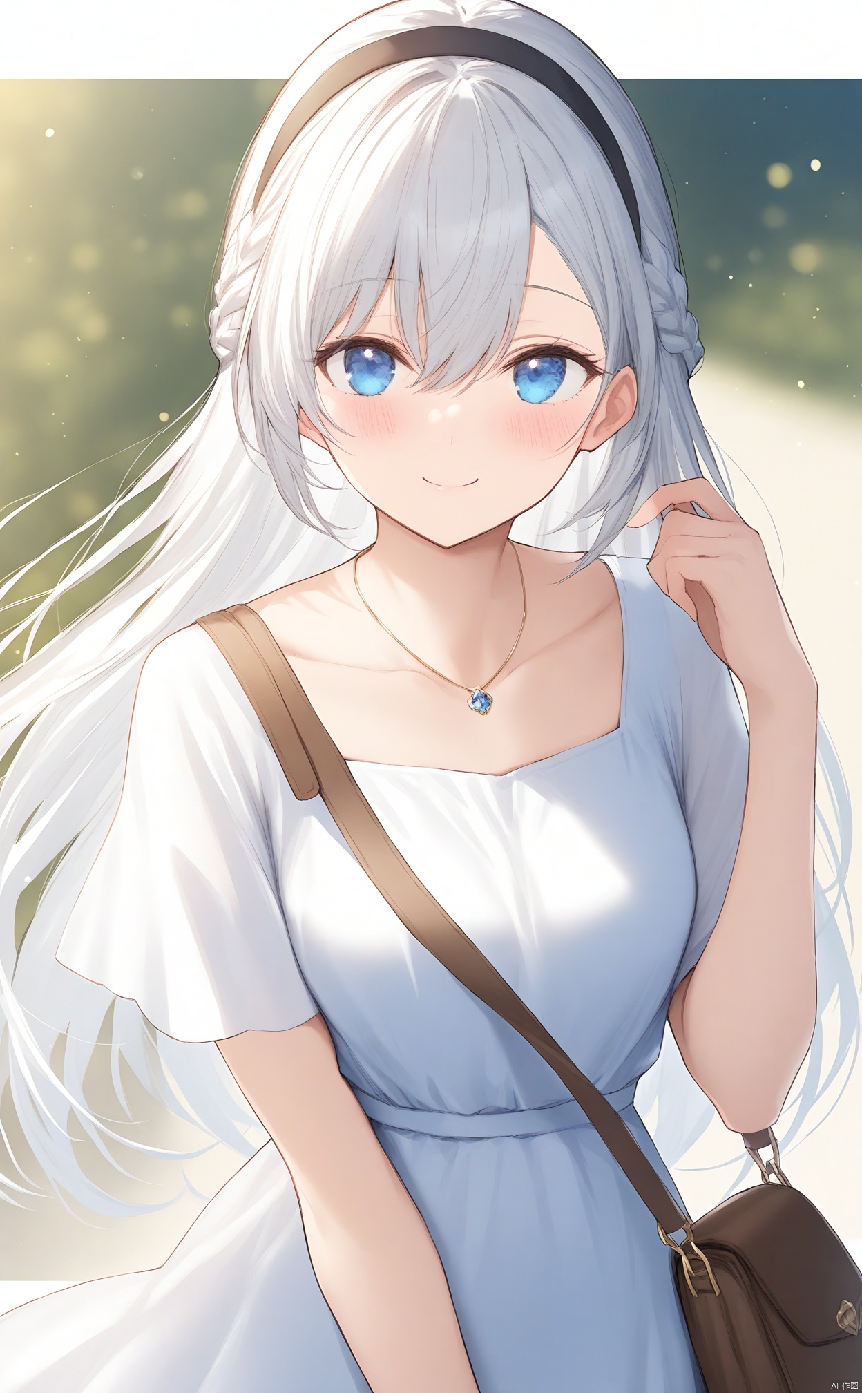 masterpiece,best quality,1girl,blue eyes,bag,solo,smile,white dress,dress,looking at viewer,braid,hairband,handbag,closed mouth,black hairband,long hair,blurry background,blush,blurry,necklace,light particles,brown bag,white hair,shoulder bag,jewelry,short sleeves,hand up,grey hair,hair between eyes,outside border,collarbone,