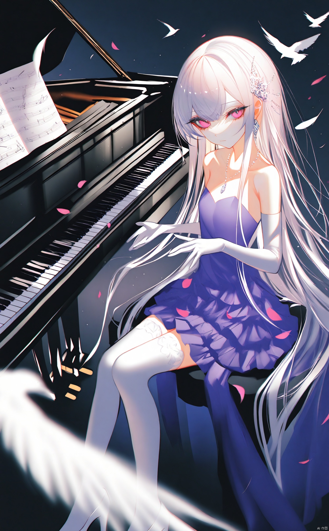 dark theme,lens flare,highres,(((loli))),(petite:1.2),(cute:1.2),((masterpiece)),(((best quality))),((ultra-detailed)),((illustration)),Depth of field,(colorful),[Artist iumu],[Artist Sheya],[Artist chen bin],solo,1girl,pink eyes,white hair,flat_chest,bare_shoulder,very long hair,looking at viewer,sidelocks,hair spread out,(full_body),thighhighs,white thighhighs,hair ornament,strapless dress,closed_mouth,white shoes,sitting,(evening gown),jewelry,earrings,frills,elbow gloves,necklace,petals,strapless,frilled dress,elbow gloves,purple dress,dress music,playing instrument,grand piano,piano,instrument,feathers,dream,scenery,ruin,bird,grace,