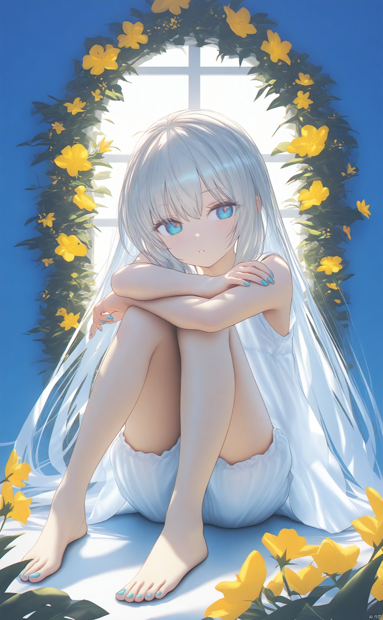 masterpiece,best quality,high quality,(colorful),loli,Yellow flowers,Blue wall,Closed windows,1girl,nail_polish,toenail_polish,barefoot,blue_nails,toenails,bloomers,solo,aqua_nails,feet,sitting,long_hair,linen hair,bare legs,barefoot,bare legs,sit on the ground,
