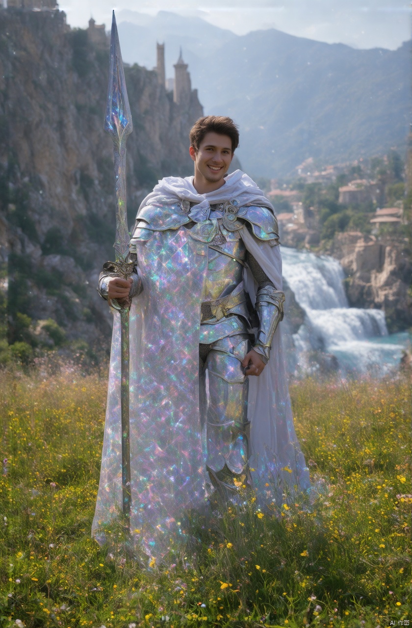 male in his early twenties, 21 y.o, film grains, cinematography, high resolution, highly detailed, a photograph by Larry Clark, ethereal atmosphere, misty, soft light, halftone effect, surreal photo, iridescent, geometric patterns, caustics, celestial, cosmic, smiling, posing, islands, ancient Greek armor, gauntlets, fantasy muscle cuirass, pauldrons, mountains, Italy, limestone cliffs, Mediterranean city background, Renaissance architecture, marble buildings, waterfalls, Renaissance castles, exotic flora, blooms, field, meadows, high fantasy, towering spires, mounted, greaves, cloak, ornate spear, sheathed dagger