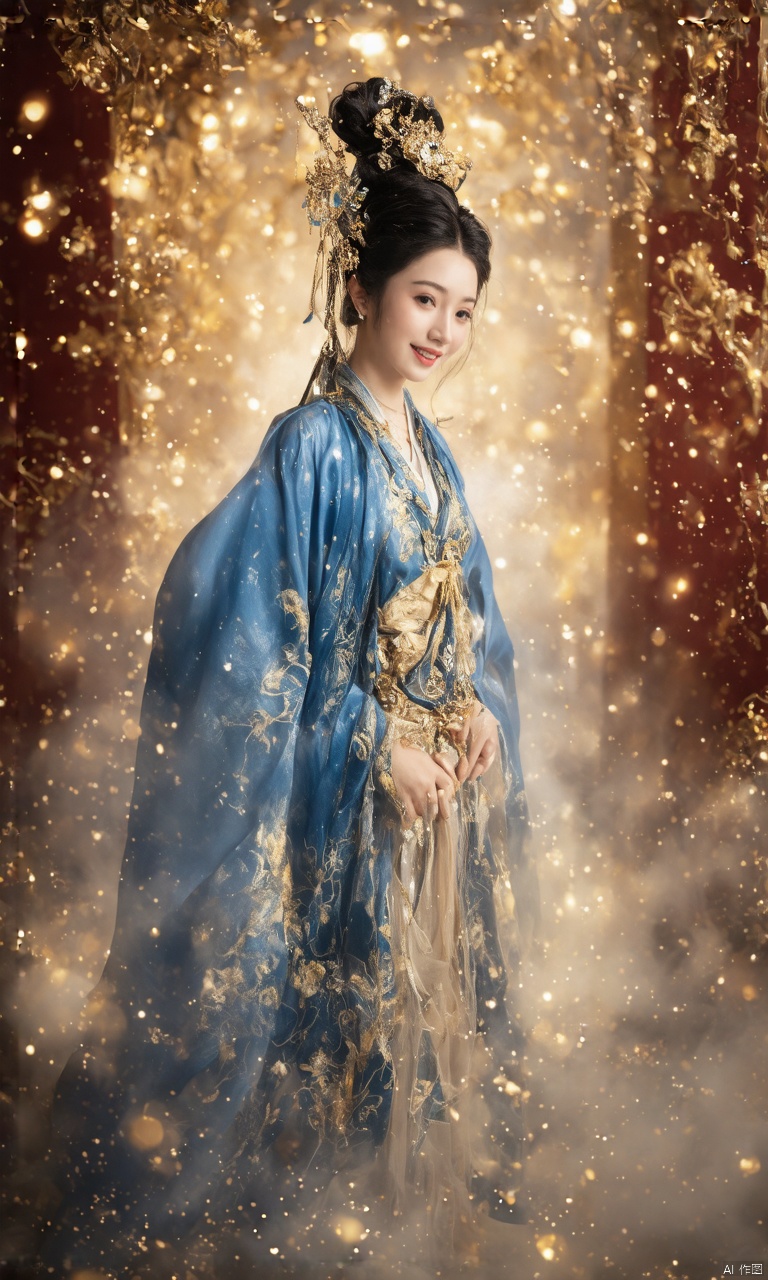 A photograph of beautiful hubggirl , (super realistic, best quality:1.25), depth, cinematic light, 
BREAK
A stunning portrait of a noble and graceful goddess, elegantly dressed in an intricate blue and gold hanfu. Her elaborate coiffure hairstyle, adorned with delicate decorations, frames her dark hair beautifully. She stands amidst a brilliant scene filled with bright lights and a gentle mist, surrounded by numerous ornate embellishments. Her light smile exudes charm, creating a joyful and magnificent atmosphere. Captured with ultra-detailed precision, the cinematic lighting and volumetric effects enhance the majestic feel of the scene, presenting a masterpiece of elegance and beauty.
BREAK
perfect hands, perfect light, vibrant colors, intricate details, highly detailed skin, pale skin, 
photorealistic, raw, analog,  taken by Sony Alpha 7R IV, Zeiss Otus 85mm F1.4, ISO 100 Shutter Speed 1/400, Vivid picture, intricate background,
