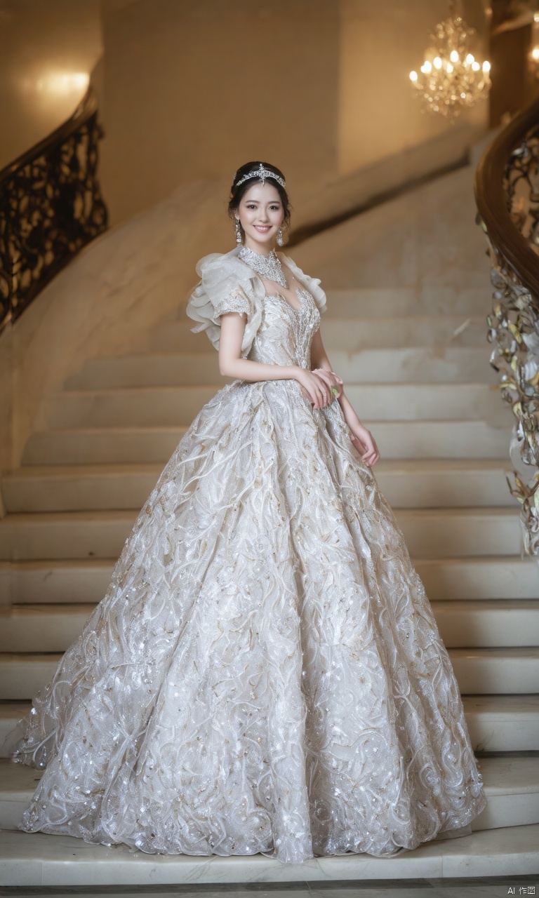 A photograph of beautiful hubggirl, (super realistic, best quality:1.25), depth, cinematic light, 
BREAK
A beautiful hubggirl wearing a gorgeous and elaborate ball gown with intricate patterns and sparkling jewels. She is standing on a grand staircase, with a soft smile on her face and an air of elegance. Her hair is elegantly styled, and the light hits her just right, highlighting her features.
BREAK
perfect hands, perfect light, vibrant colors, intricate details, highly detailed skin, pale skin, 
photorealistic, raw, analog,  taken by Sony Alpha 7R IV, Zeiss Otus 85mm F1.4, ISO 100 Shutter Speed 1/400, Vivid picture, intricate background,