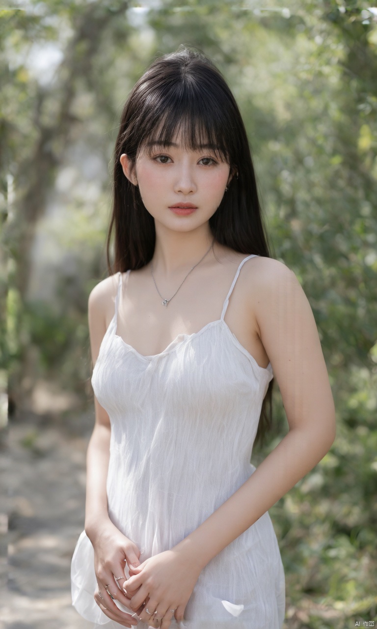 A photograph of beautiful hubggirl, (super realistic, best quality:1.25), depth, cinematic light, 
BREAK
A beautiful hubggirl with very detailed features. She has pale skin that has a shy blush on her cheeks. Her long black hair is sleek and flowing, with bangs framing her face. Her eyes are beautiful and delicate, and her expression is soft and shy. She is wearing a small necklace, adding a touch of elegance. She is standing in a pose for a half body front shot, looking dreamy and elegant. The light shining on her is soft and beautiful, enhancing her overall appearance.
BREAK
perfect hands, perfect light, vibrant colors, intricate details, highly detailed skin, pale skin, 
photorealistic, raw, analog,  taken by Sony Alpha 7R IV, Zeiss Otus 85mm F1.4, ISO 100 Shutter Speed 1/400, Vivid picture, intricate background,
