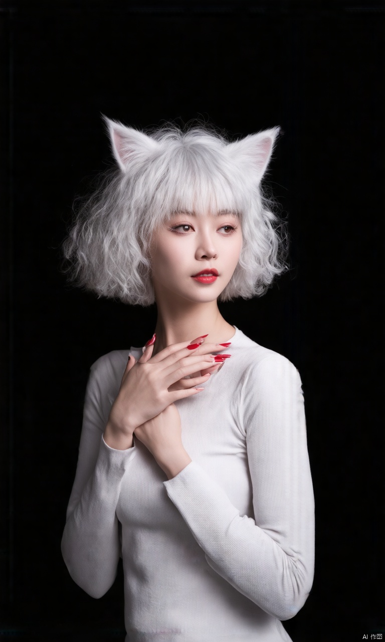 A photograph of beautiful hubggirl, (super realistic, best quality:1.25), depth, cinematic light, 
BREAK
A solo hubggirl with an ultra-wide field view. She has short wavy white hair with bangs that falls between her eyes. Her hair is curly and she has long fingernails painted with nail polish. She has cat ears on top of her head and red eyes. She is looking at the viewer with a closed mouth. She is wearing a long-sleeved top. The background is black and the lighting is ultra-dynamic creating amazing shadows and depth of field. She has an androgynous look and there is 1 other element in focus.
BREAK
perfect hands, perfect light, vibrant colors, intricate details, highly detailed skin, pale skin, 
photorealistic, raw, analog,  taken by Sony Alpha 7R IV, Zeiss Otus 85mm F1.4, ISO 100 Shutter Speed 1/400, Vivid picture, intricate background,