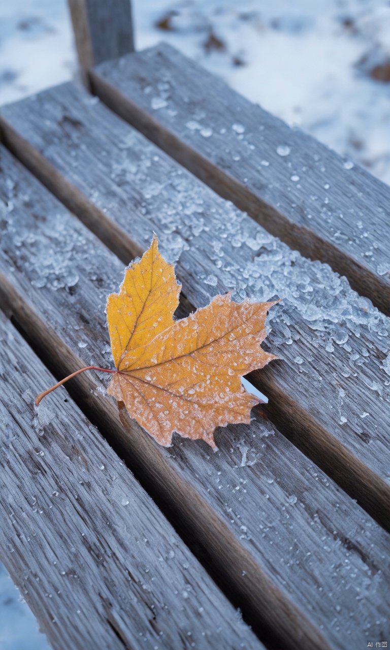 A crystalized droplet of dew glistens on the weathered wooden slats of a rustic bench, as a solitary maple leaf settles beside it. The camera captures the intricate details in a mesmerizing close-up, showcasing the frost's delicate crystalline structure and the leaf's intricate veins. Against the blurred sky's soft blue hues, the frozen droplet and autumnal foliage create a masterpiece of macro photography, rendered in stunning 8K high-resolution detail.
