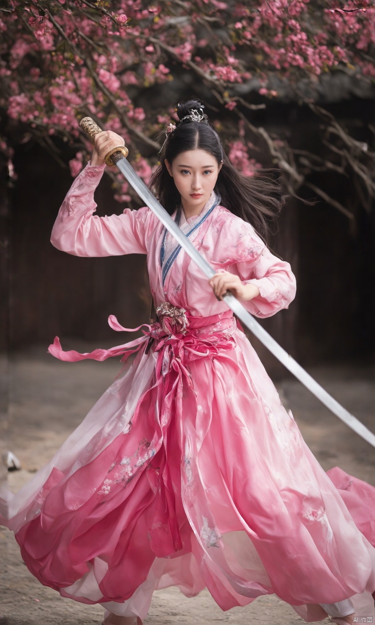 A photograph about hubggirl , (super realistic, best quality), depth, cinematic light, 
BREAK
girl swinging a sword, dynamic transfer, fencing movements, jumping, leaping, independent, movements clearly visible. The sword is long and delicate, the woman is beautiful, Chinese. 17 years old, black hair. Long hair, traditional Chinese hairstyle. Plump, pink lips. Long eyelashes, very bright blue eyes. The camera is wide-angle, so you can see the details of the scene. Chinese armor, full body, 
BREAK
perfect hands, perfect light, vibrant colors, intricate details, highly detailed skin, pale skin, 
photorealistic, raw, analog, shot by Canon EOS, Sigma Art Lens 35mm F1.4, ISO 200 shutter speed 2000, Vivid picture, intricate background,
