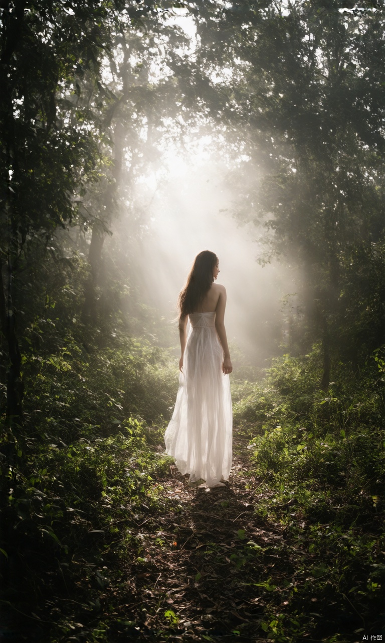 A photograph of beautiful hubggirl, (super realistic, best quality:1.25), depth, cinematic light, 
BREAK
A solitary figure, a woman, stands at the edge of a misty forest, her back to the camera. The soft morning light casts a warm glow on her long hair and the curves of her silhouette. She wears a flowing white dress that blends with the fog, as if one with nature. Her pose exudes quiet contemplation.
BREAK
perfect hands, perfect light, vibrant colors, intricate details, highly detailed skin, pale skin, 
photorealistic, raw, analog,  taken by Sony Alpha 7R IV, Zeiss Otus 85mm F1.4, ISO 100 Shutter Speed 1/400, Vivid picture, intricate background,