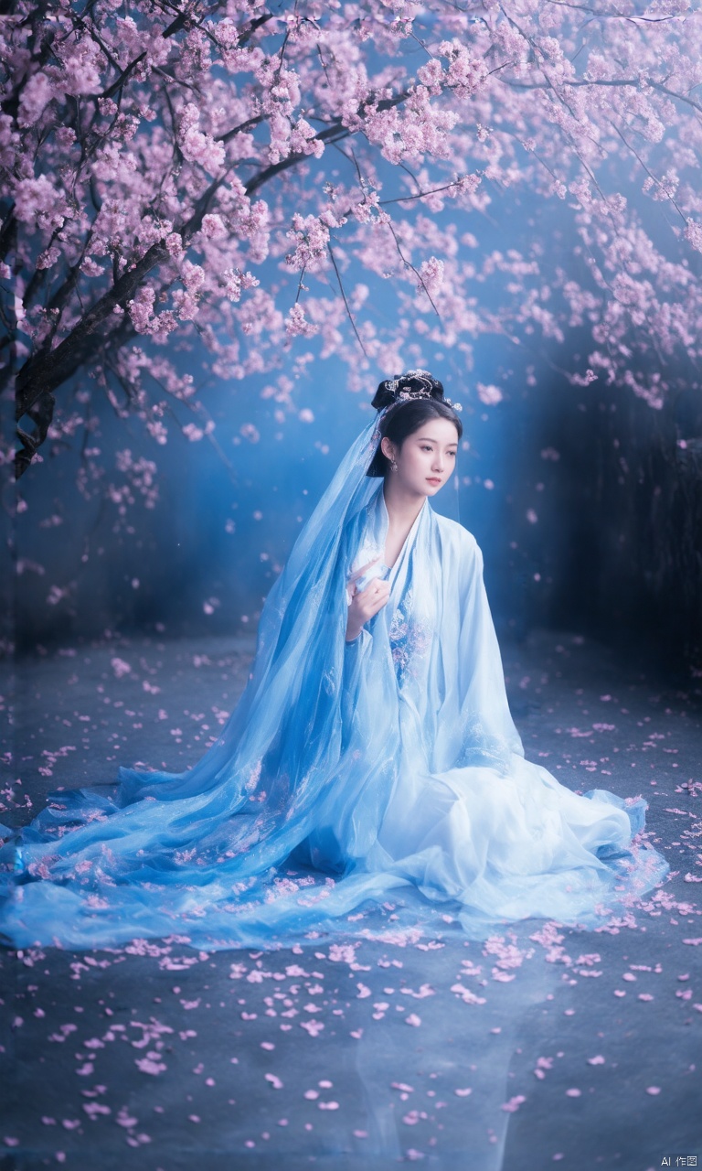 A photograph of beautiful hubggirl , (super realistic, best quality:1.25), depth, cinematic light, 
BREAK
A graceful woman dressed in a stunning blue hanfu, sitting elegantly on the ground amidst a serene backdrop of cherry blossoms. The petals gently fall around her, creating a dreamlike atmosphere. Her tranquil expression, enhanced by soft makeup and delicate hair ornaments, reflects timeless elegance and grace. The flowing fabric of her hanfu drapes beautifully, showcasing intricate embroidery and a blue gradient effect. The scene is lit with ethereal lighting, combining cultural charm and a fantasy ambiance. Subtle side lighting highlights her gentle gaze, while the reflective surface beneath her adds depth to the composition.
BREAK
perfect hands, perfect light, vibrant colors, intricate details, highly detailed skin, pale skin, 
photorealistic, raw, analog,  taken by Sony Alpha 7R IV, Zeiss Otus 85mm F1.4, ISO 100 Shutter Speed 1/400, Vivid picture, intricate background,
