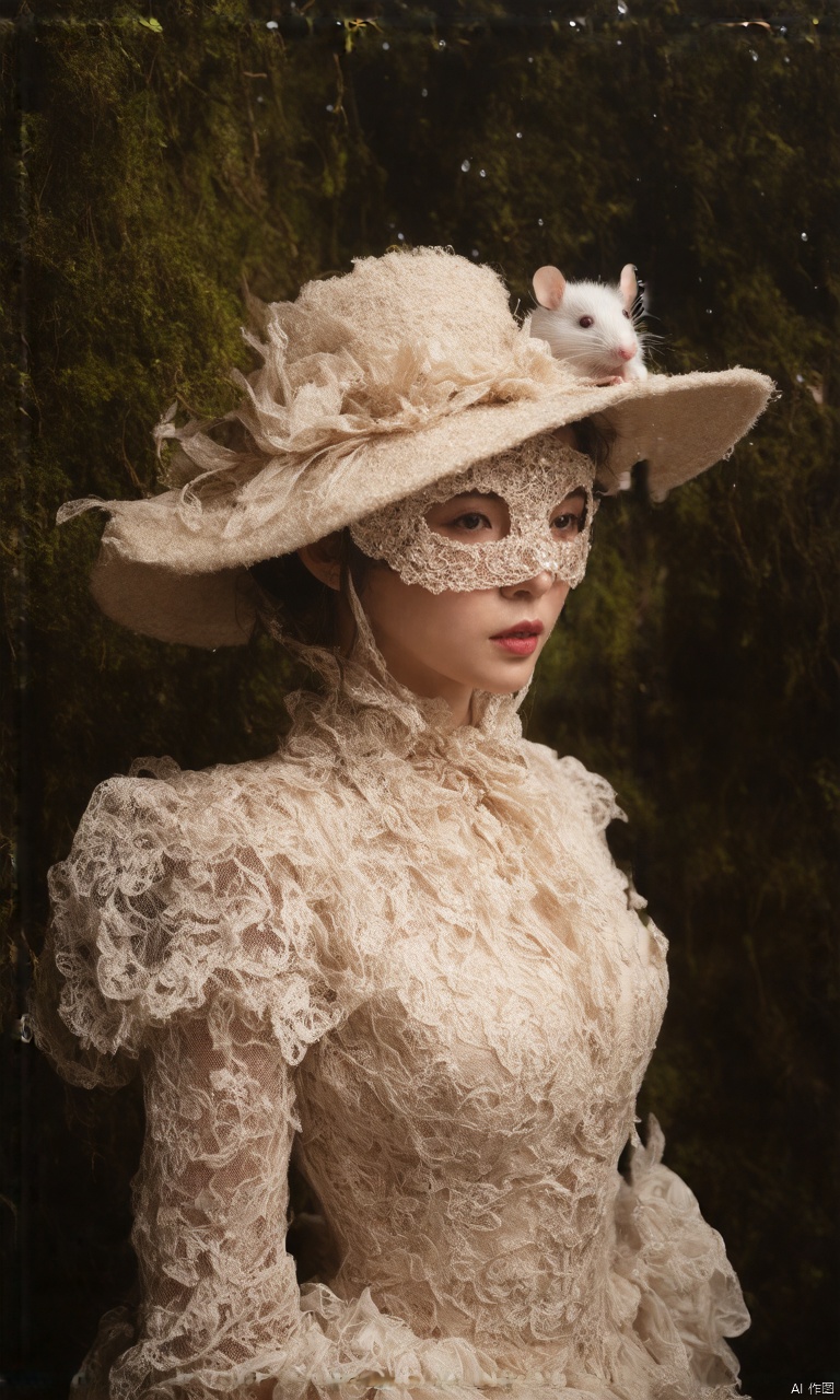 A photograph of beautiful hubggirl, (super realistic, best quality:1.25), depth, cinematic light, 
BREAK
A medium close-up of a hubggirl. She is wearing a lace filigree needle point mask that is intricately painted and sewn, giving a dreamy gothic look. Her hat is ultra detailed lace with fine decorative stitching and has an ultra-fluffy white tiny mouse on the brim. The atmosphere, environment, and material textures all have a stained wet looking mossy appearance. She has a ruddy complexion with pink lipstick. Her dress is extravagant and she gives the impression of an elegant girl, a female spy, a haunting beautiful young woman, and a super-hero girl. She is also like a mistress in a burnt umber red rococo style. There is a broad brimmed white hat and an ultra close-up of a tiny little door mouse in a raindrop on the brim of her hat. The overall photo is a half body shot with 8k resolution and a photoshop render.
BREAK
perfect hands, perfect light, vibrant colors, intricate details, highly detailed skin, pale skin, 
photorealistic, raw, analog,  taken by Sony Alpha 7R IV, Zeiss Otus 85mm F1.4, ISO 100 Shutter Speed 1/400, Vivid picture, intricate background,