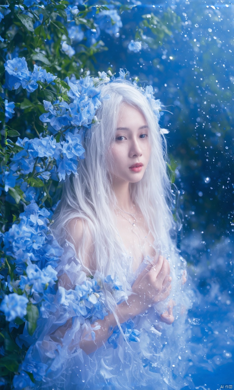 A photograph of beautiful hubggirl, (super realistic, best quality:1.25), depth, cinematic light, 
BREAK
A girl with long, flowing ethereal white hair. She is adorned with numerous delicate blue flowers, some tucked into her hair and others on her clothing. The air around her is filled with countless sparkling water droplets that seem to be suspended, creating a dreamy and serene atmosphere. The overall scene is set in a soft, otherworldly light that highlights the girl and the details of the flowers and water droplets.
BREAK
perfect hands, perfect light, vibrant colors, intricate details, highly detailed skin, pale skin, 
photorealistic, raw, analog,  taken by Sony Alpha 7R IV, Zeiss Otus 85mm F1.4, ISO 100 Shutter Speed 1/400, Vivid picture, intricate background,