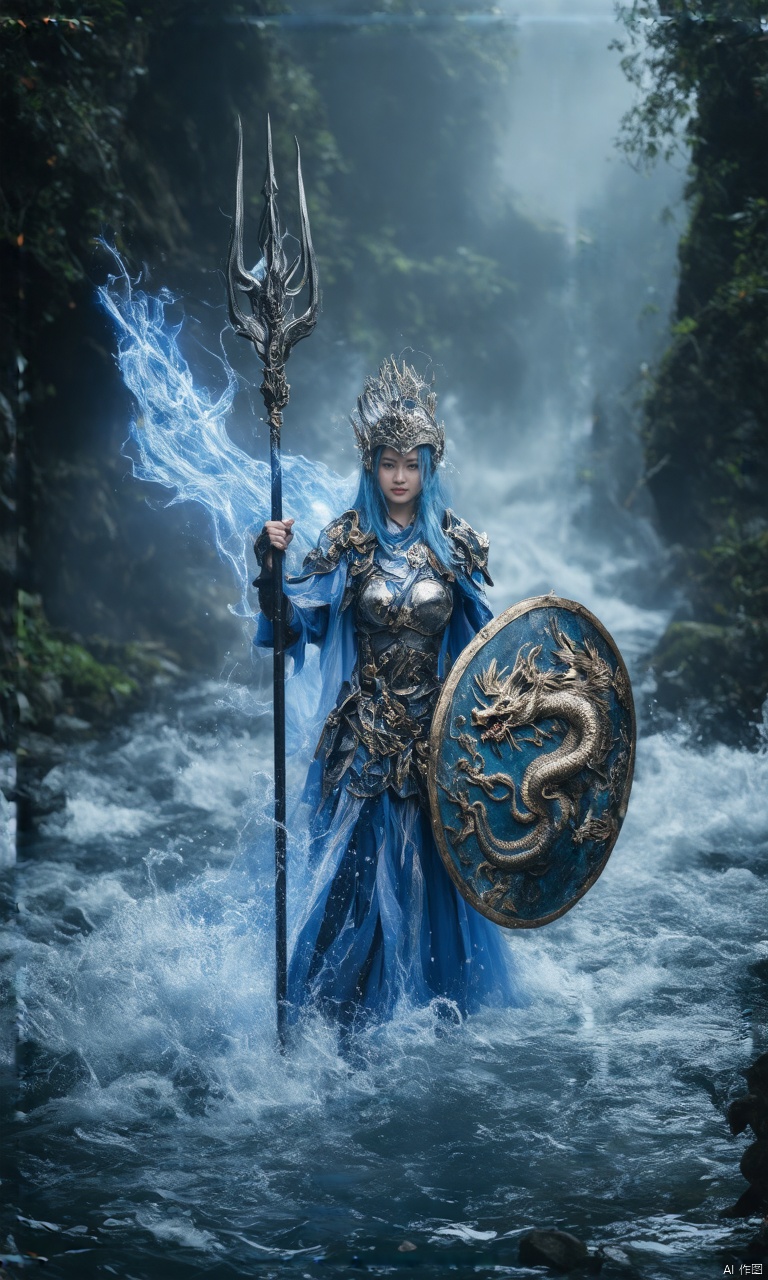 A photograph of beautiful hubggirl, (super realistic, best quality:1.25), depth, cinematic light, 
BREAK
Gonggong, the paladin goddess, stands triumphant in the midst of turbulent waters. Her dark iron and scale armor shines in the dim, misty setting. The dragon-adorned helmet and breastplate, engraved with tidal waves and serpents, signify her rule over oceans and rivers. She wields a huge trident that crackles with profound energy and a shield bearing roaring sea waves that glows. In a dynamic pose, she is summoning a powerful tidal wave, with her blue hair flowing like water behind her. The divine, waterlogged ground beneath her feet appears poised to unleash her complete wrath on the battlefield.
BREAK
perfect hands, perfect light, vibrant colors, intricate details, highly detailed skin, pale skin, 
photorealistic, raw, analog,  taken by Sony Alpha 7R IV, Zeiss Otus 85mm F1.4, ISO 100 Shutter Speed 1/400, Vivid picture, intricate background,