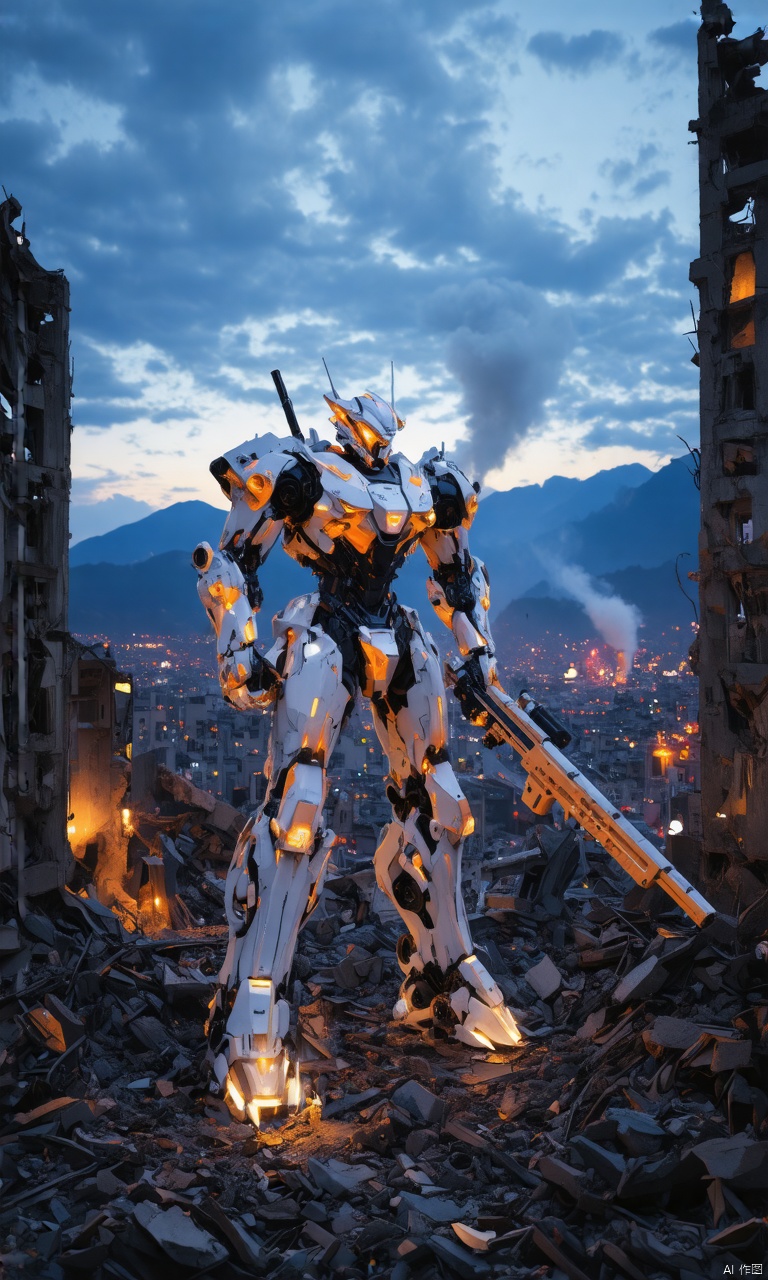 (masterpiece, best quality:1.2), Giant mecha, Vital Suits , building, city, city lights, cityscape, cloud, cloudy sky, destruction, evening, glowing, Luminous mecha, Complex mecha structure, White, orange, and black mecha, Strong mecha body, Multi light source mecha, Giant mecha firearms, full body, Super complex mechanical structure, holding gun, mecha, mountain, no humans, outdoors, power armor, realistic, ruins, science fiction, sky, skyline, skyscraper, smoke, weapon,