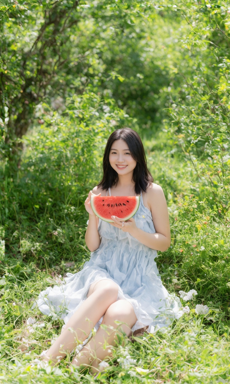 A photograph of beautiful hubggirl , (super realistic, best quality:1.25), depth, cinematic light, 
BREAK
18yo Japanese girl, long straight black hair, wearing a light summer dress, sitting in a sunny garden, holding a slice of watermelon with a joyful smile, surrounded by lush green plants and vibrant flowers, the atmosphere is fresh and lively, capturing the essence of a bright summer day, the sunlight casting a warm and natural glow on her skin,
BREAK
perfect hands, perfect light, vibrant colors, intricate details, highly detailed skin, pale skin, 
photorealistic, raw, analog,  taken by Sony Alpha 7R IV, Zeiss Otus 85mm F1.4, ISO 100 Shutter Speed 1/400, Vivid picture, intricate background,