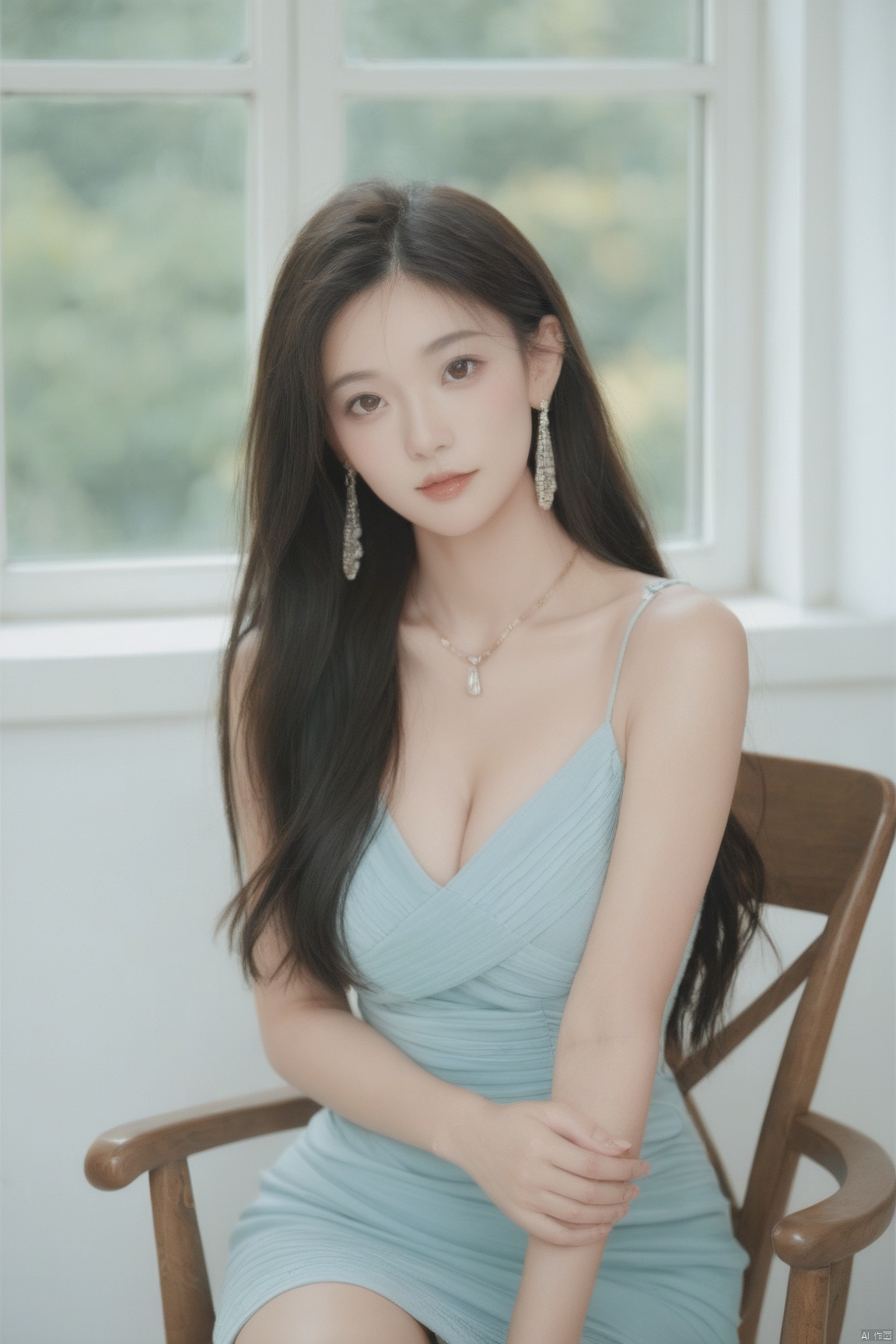 score_9,score_8_up,score_7_up,1girl, solo, long hair, breasts, looking at viewer, black hair, dress, cleavage, bare shoulders, brown eyes, jewelry, medium breasts, sitting, earrings, necklace, lips, head tilt, window, chair,