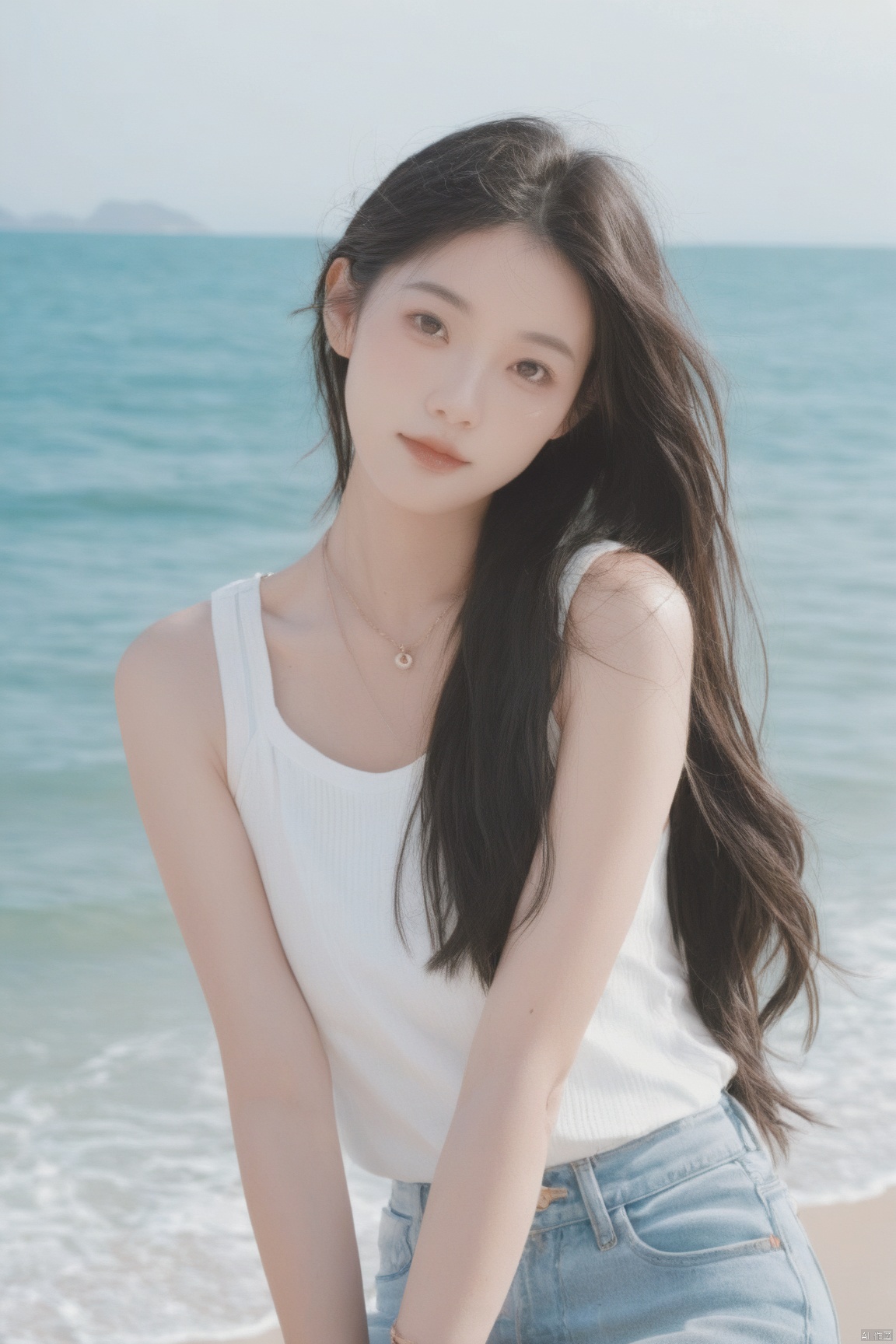 score_9,score_8_up,score_7_up,1girl, solo, long hair, looking at viewer, shirt, black hair, bare shoulders, brown eyes, jewelry, closed mouth, white shirt, outdoors, sleeveless, day, pants, water, necklace, bracelet, lips, head tilt, sleeveless shirt, ocean, beach, denim, jeans, realistic, leaning to the side