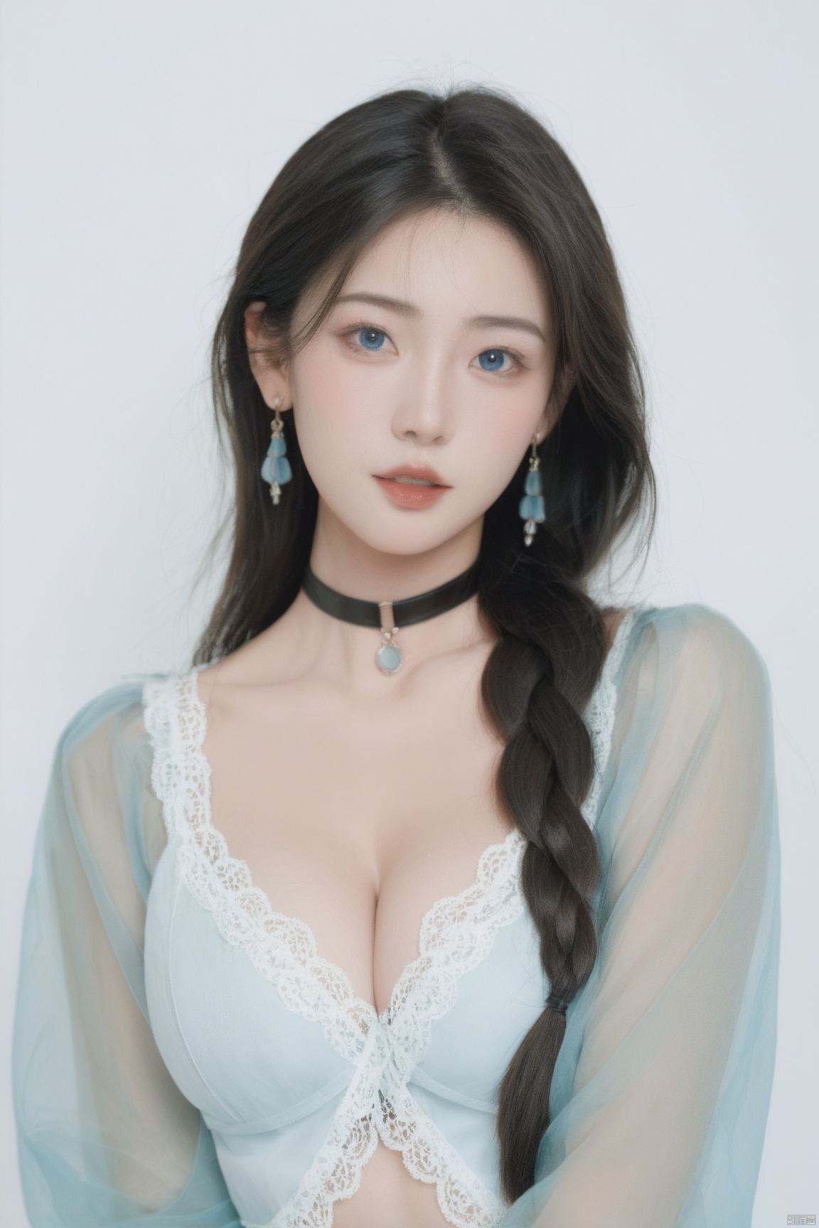score_9,score_8_up,score_7_up,1girl, solo, long hair, breasts, looking at viewer, blue eyes, large breasts, black hair, long sleeves, cleavage, jewelry, medium breasts, upper body, braid, earrings, parted lips, choker, lips, see-through, gradient, gradient background, blue background, black choker, lace trim, lace, realistic