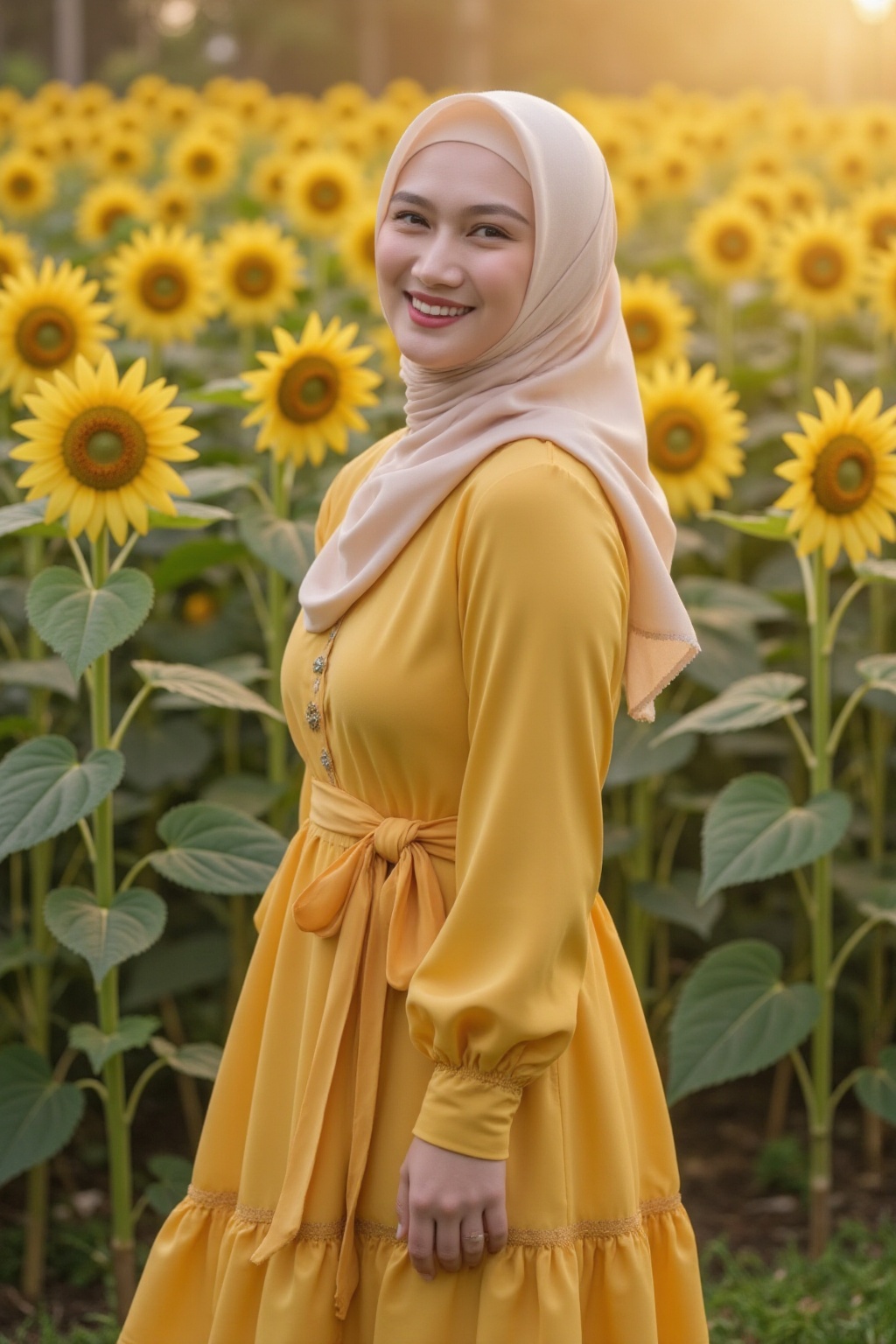 Realistic image of a woman with Hijab,  adorned in a vibrant sunflower yellow long dress,  standing amidst a sea of sunflo...
